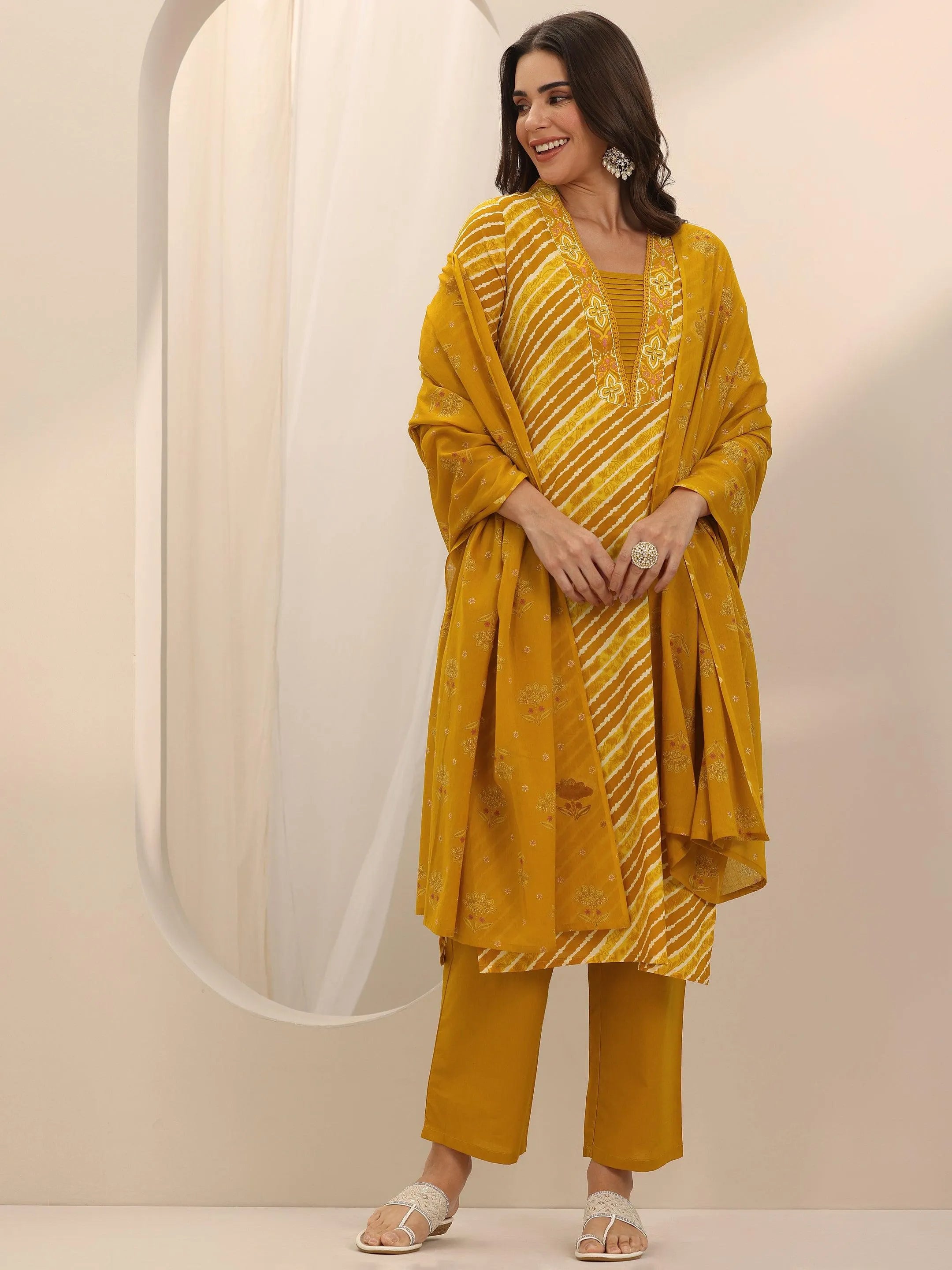 Mustard Printed Cotton Straight Suit Set With Dupatta