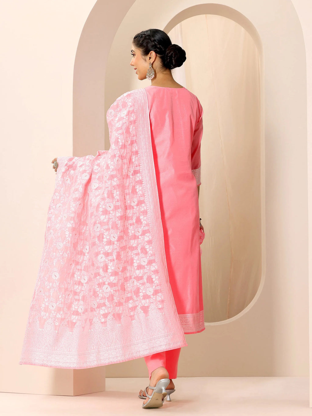 Pink Woven Design Chanderi Silk Straight Suit Set With Dupatta