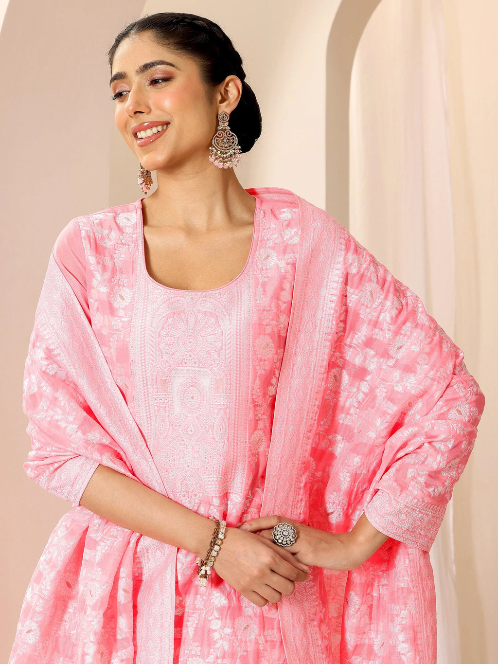 Pink Woven Design Chanderi Silk Straight Suit Set With Dupatta