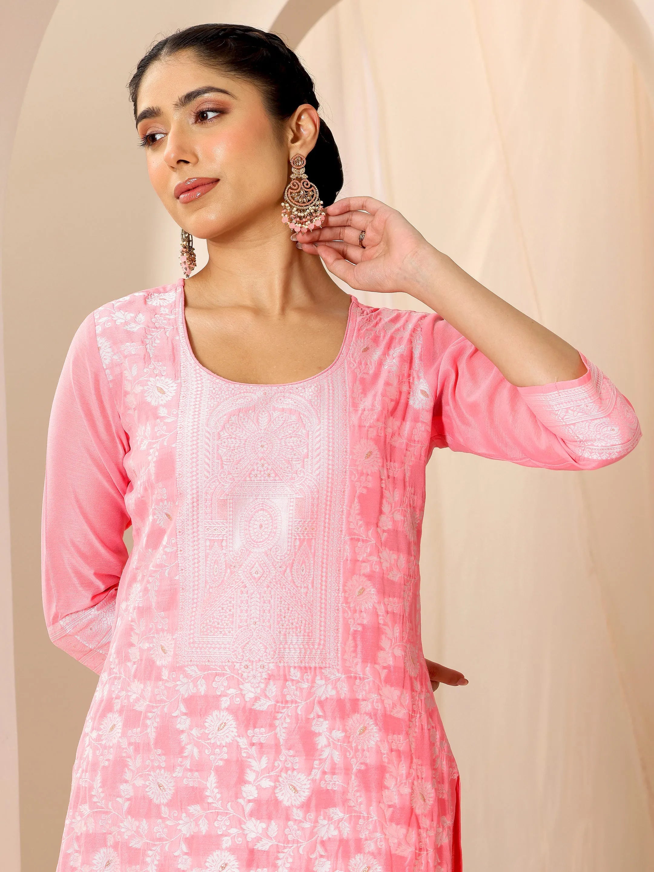 Pink Woven Design Chanderi Silk Straight Suit Set With Dupatta