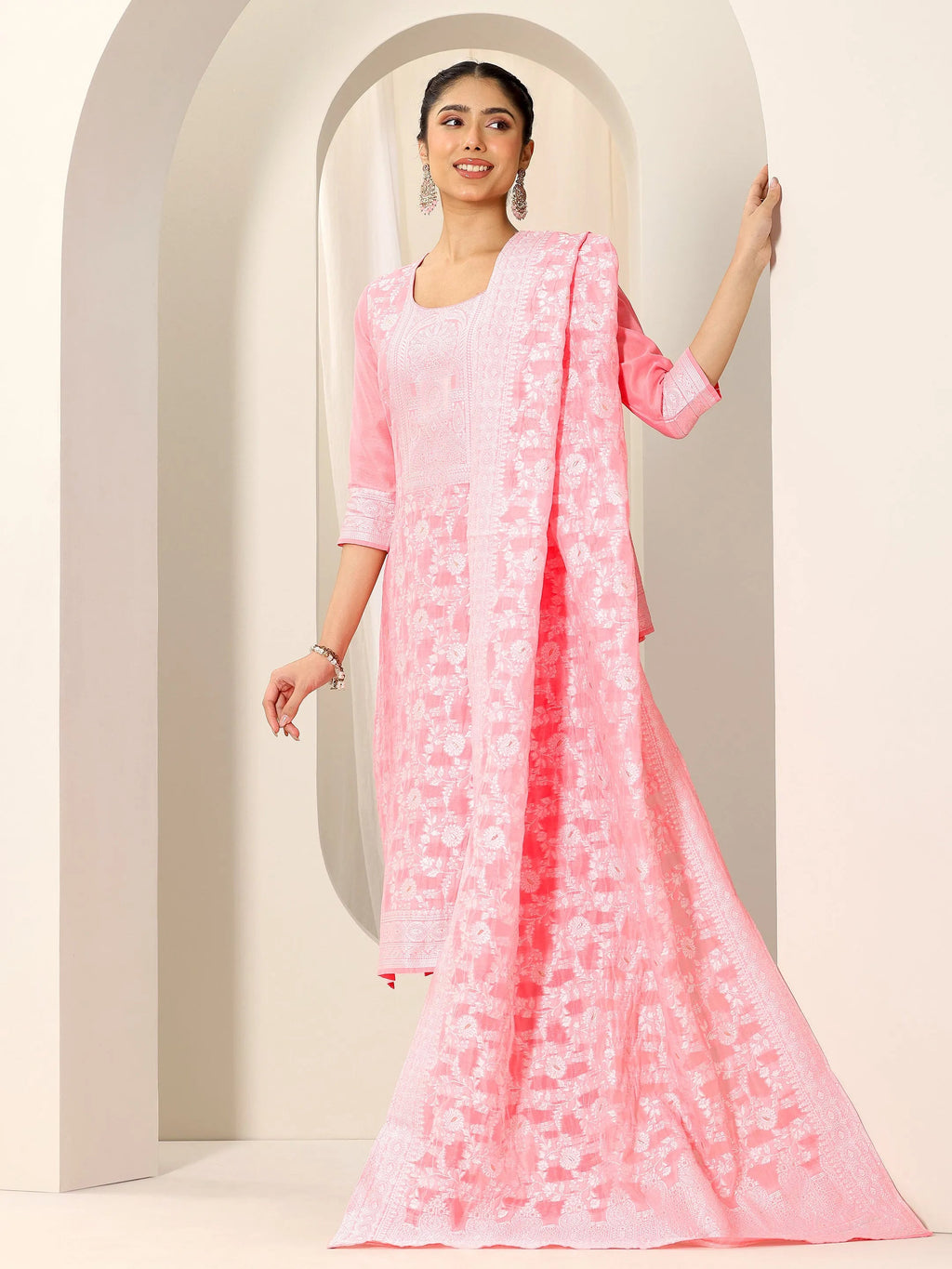 Pink Woven Design Chanderi Silk Straight Suit Set With Dupatta