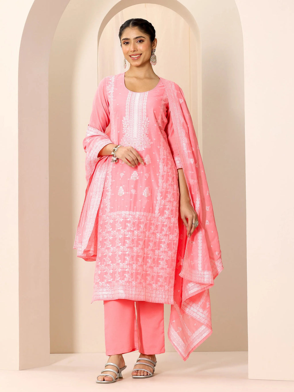 Pink Woven Design Chanderi Silk Straight Suit Set With Dupatta