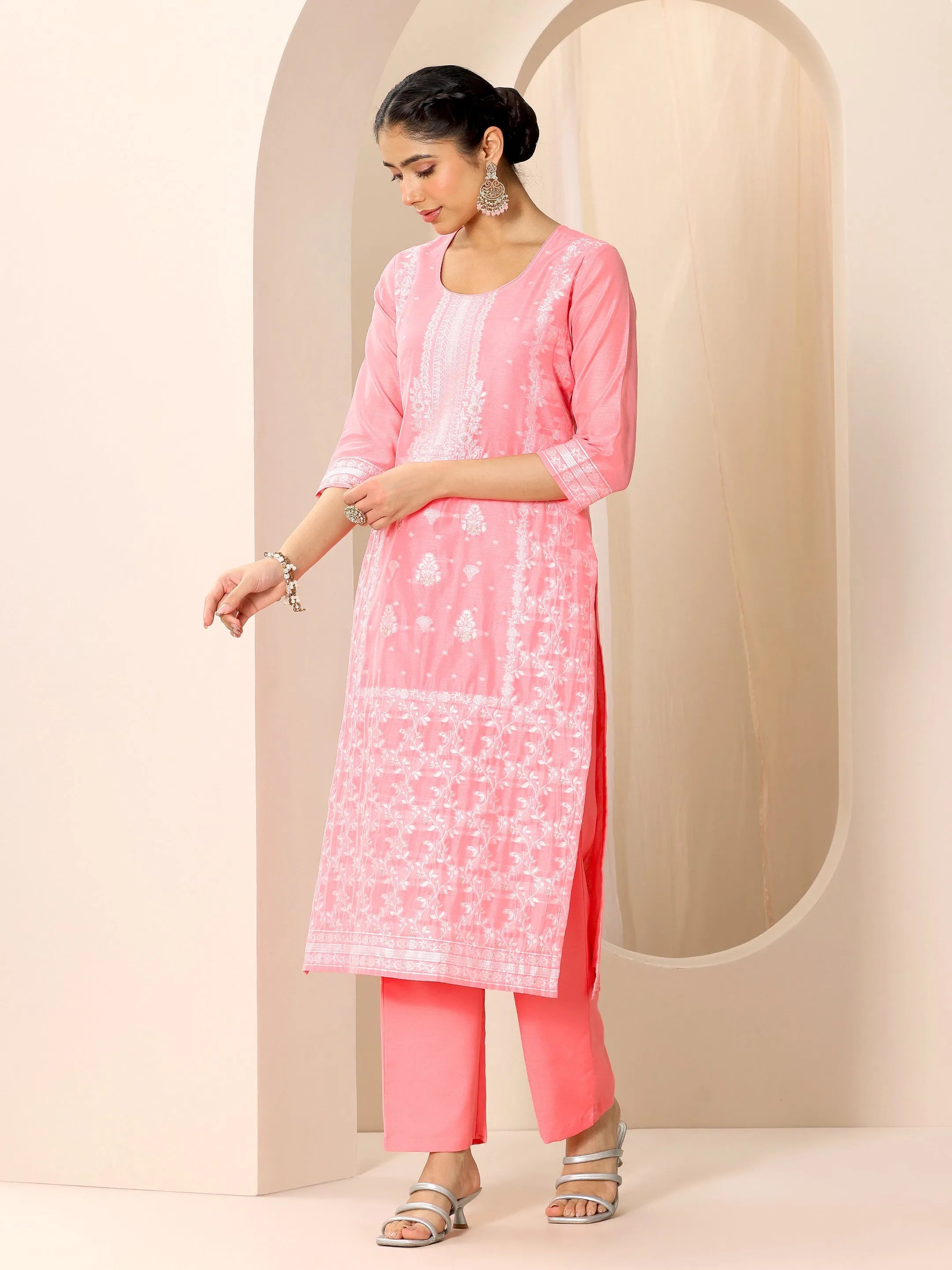 Pink Woven Design Chanderi Silk Straight Suit Set With Dupatta