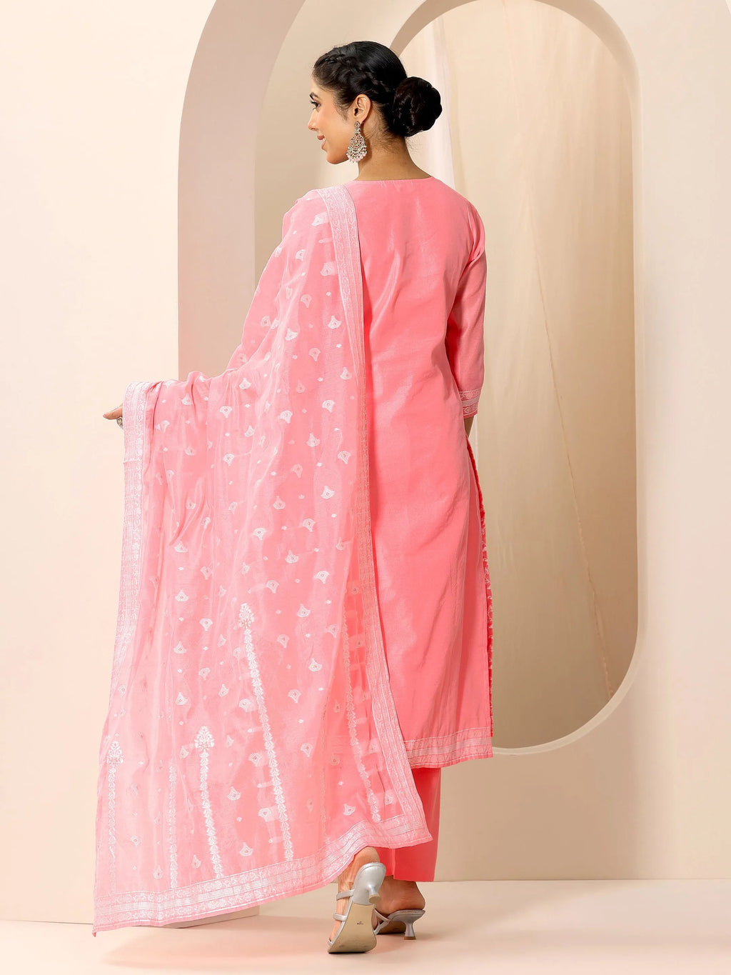 Pink Woven Design Chanderi Silk Straight Suit Set With Dupatta