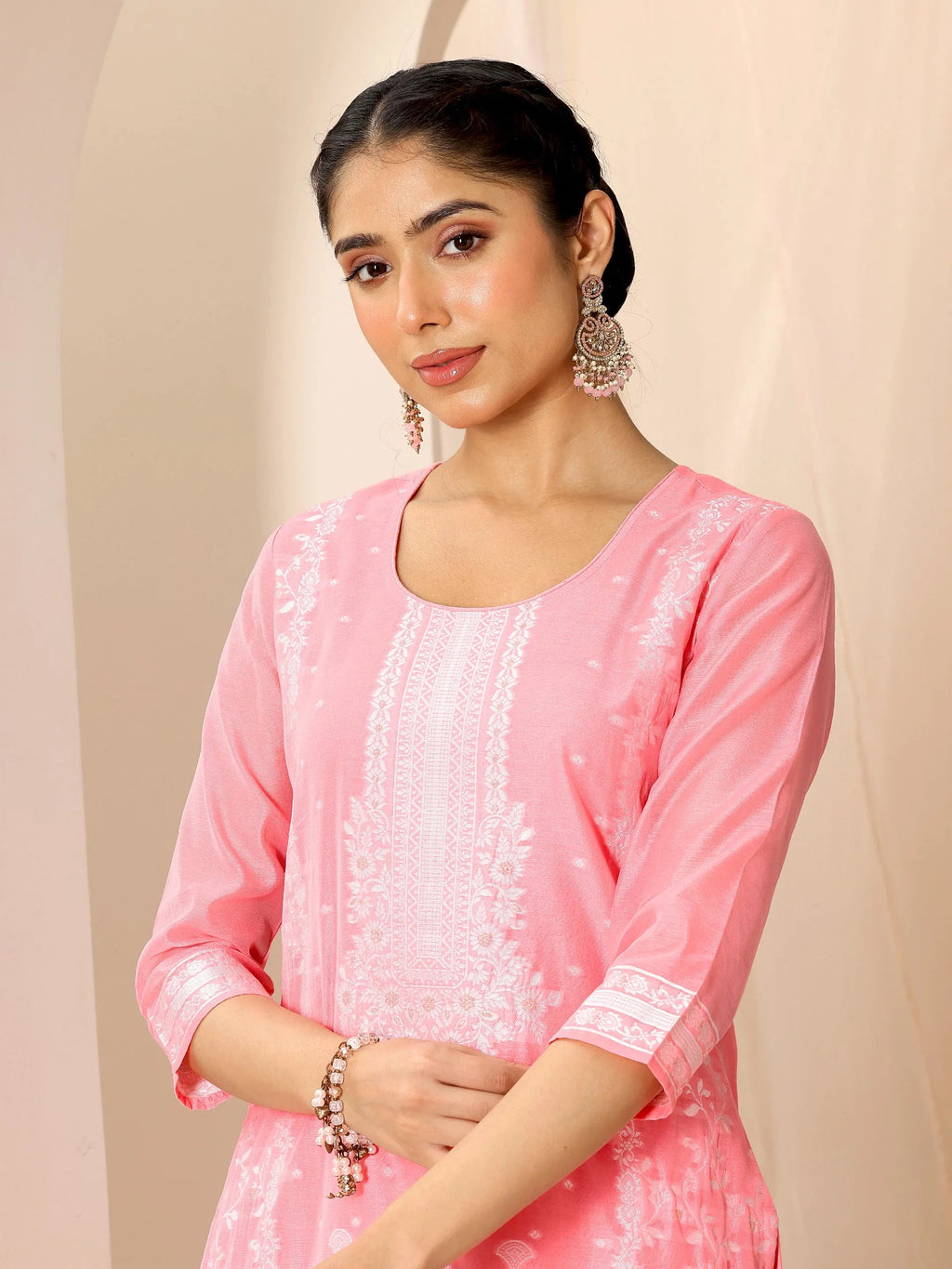 Pink Woven Design Chanderi Silk Straight Suit Set With Dupatta