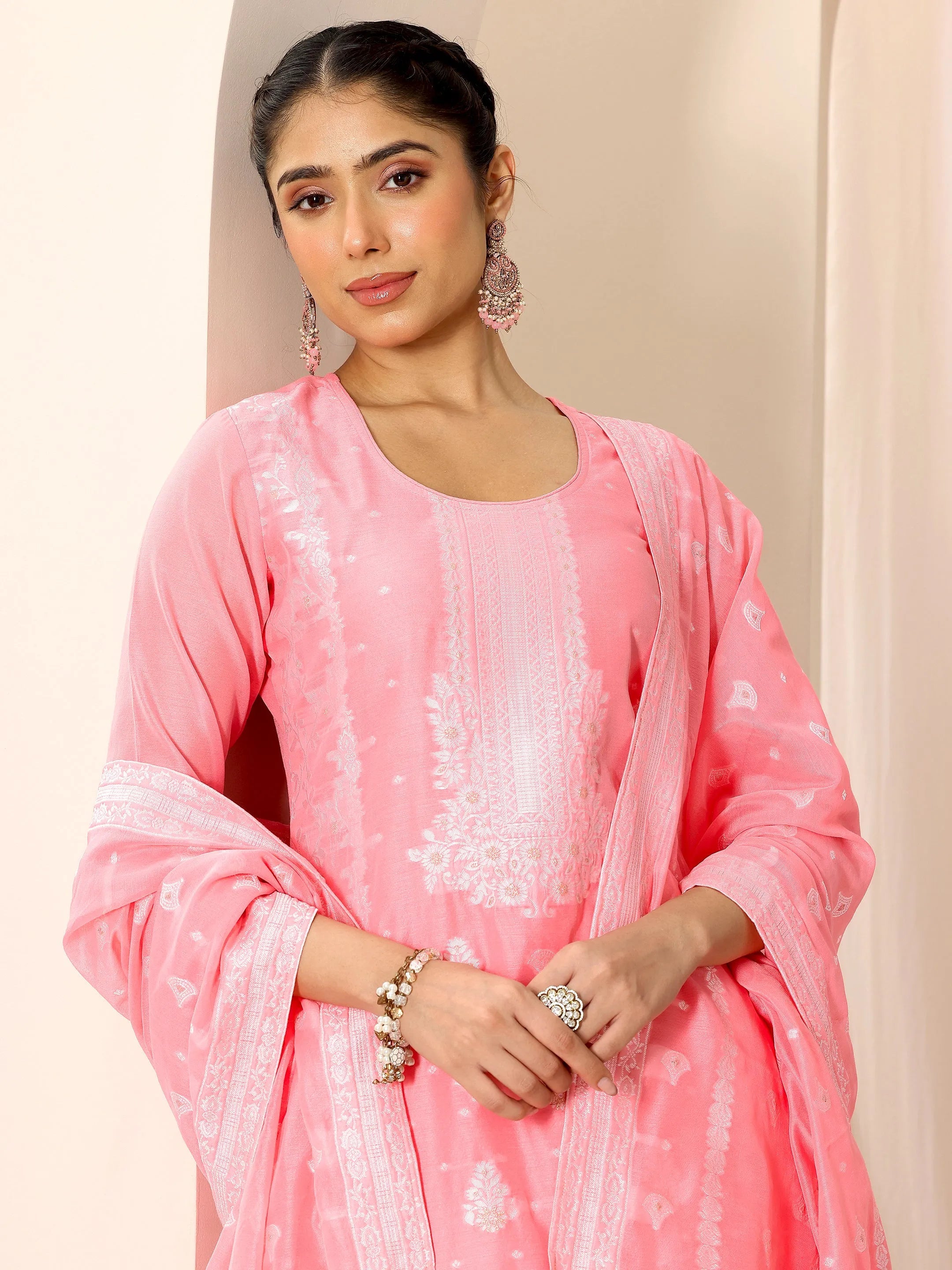 Pink Woven Design Chanderi Silk Straight Suit Set With Dupatta