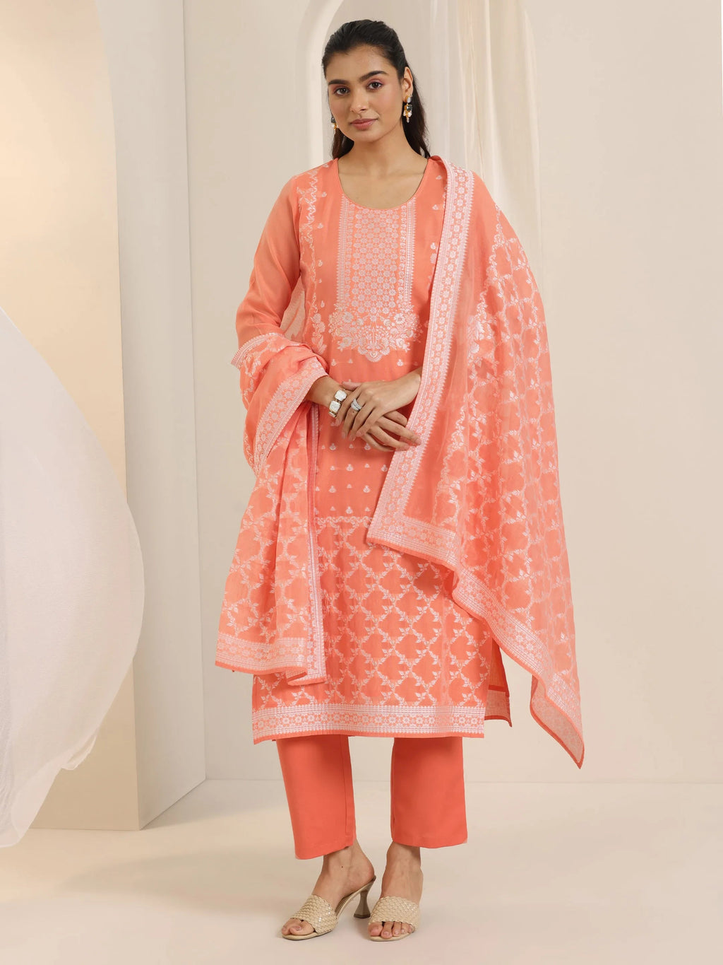 Orange Woven Design Chanderi Silk Straight Suit Set With Dupatta