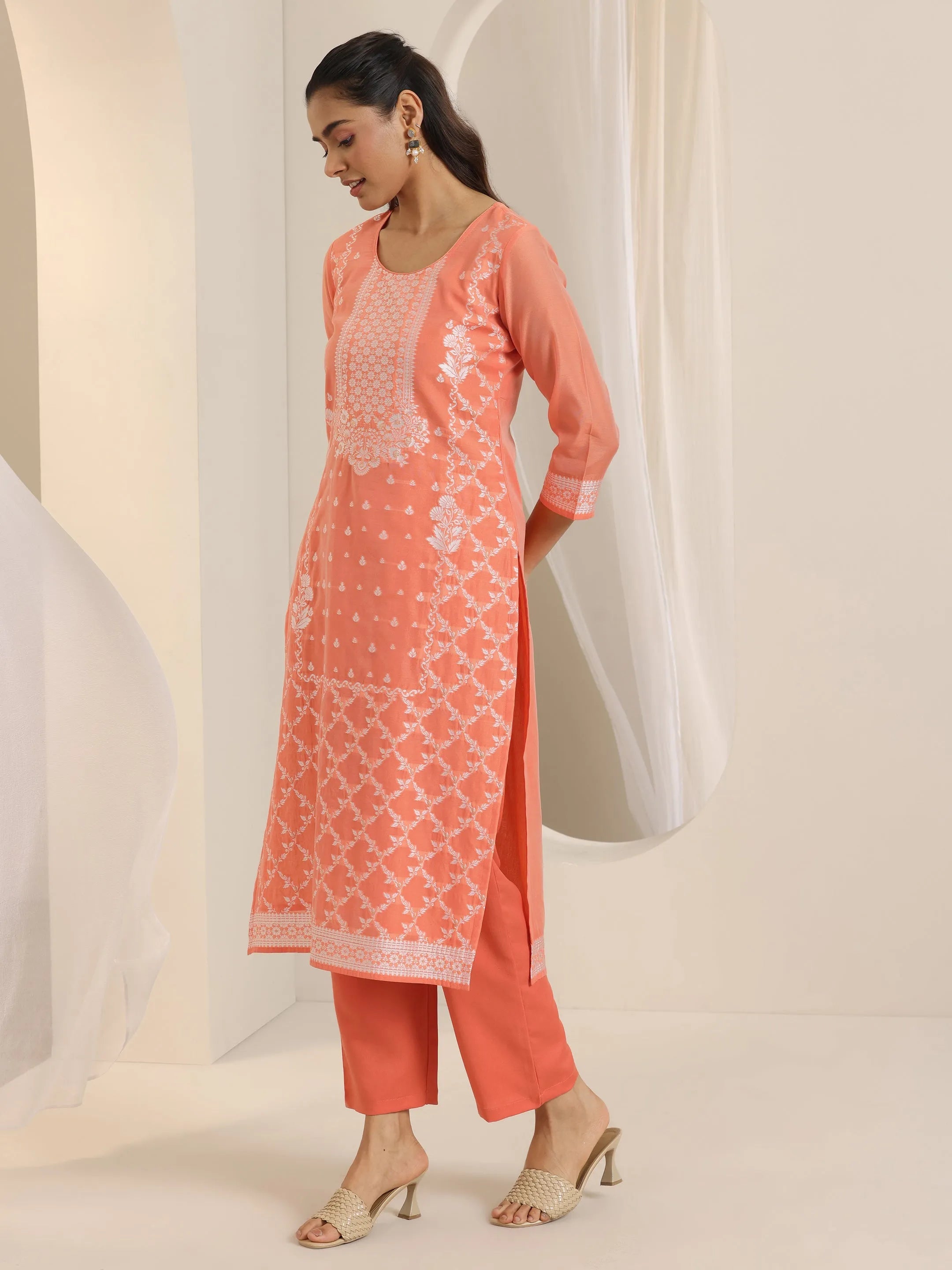 Orange Woven Design Chanderi Silk Straight Suit Set With Dupatta