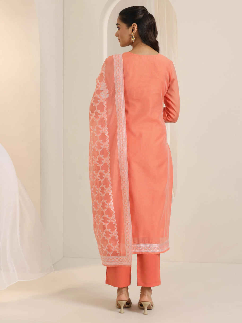Orange Woven Design Chanderi Silk Straight Suit Set With Dupatta