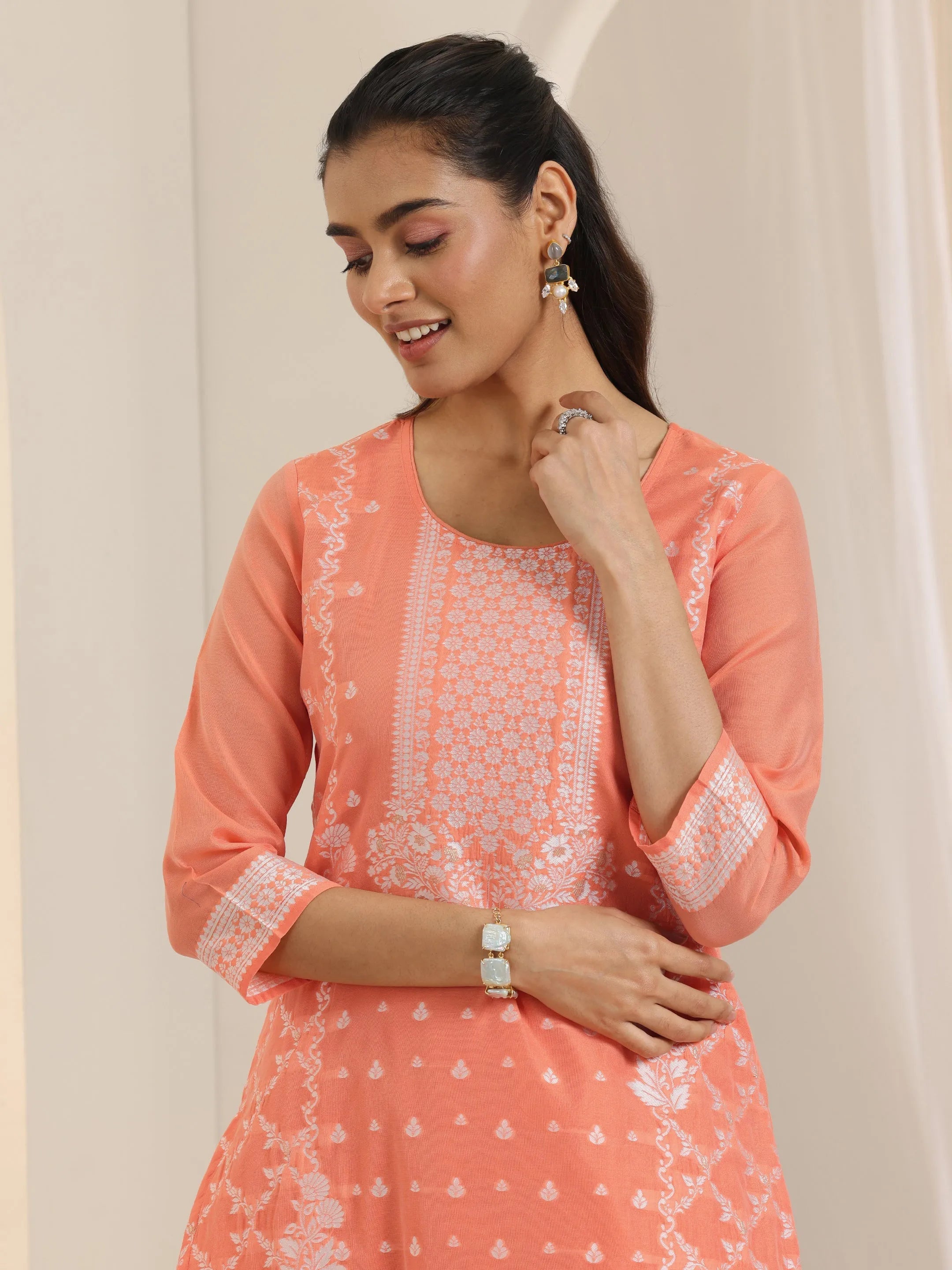 Orange Woven Design Chanderi Silk Straight Suit Set With Dupatta