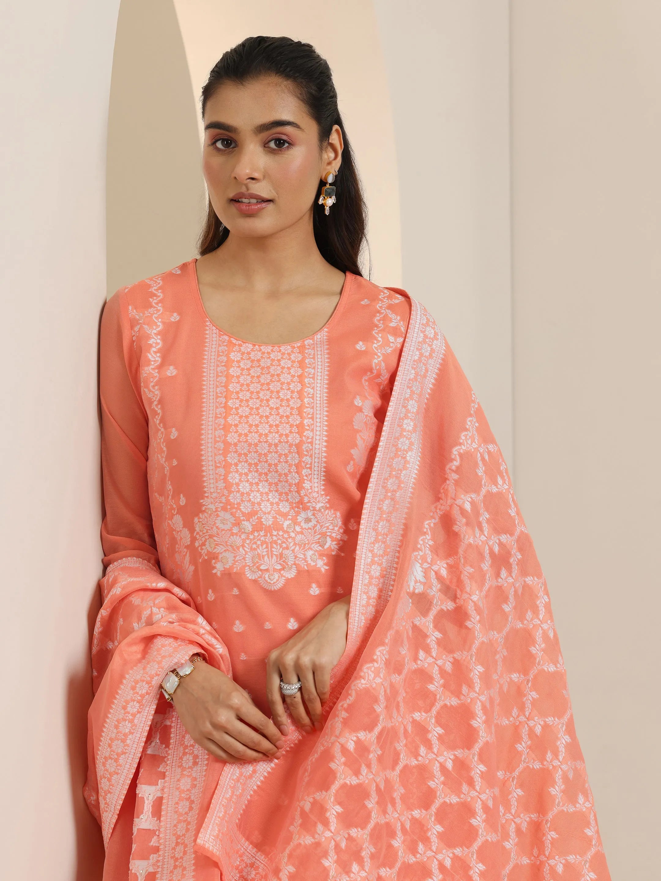 Orange Woven Design Chanderi Silk Straight Suit Set With Dupatta