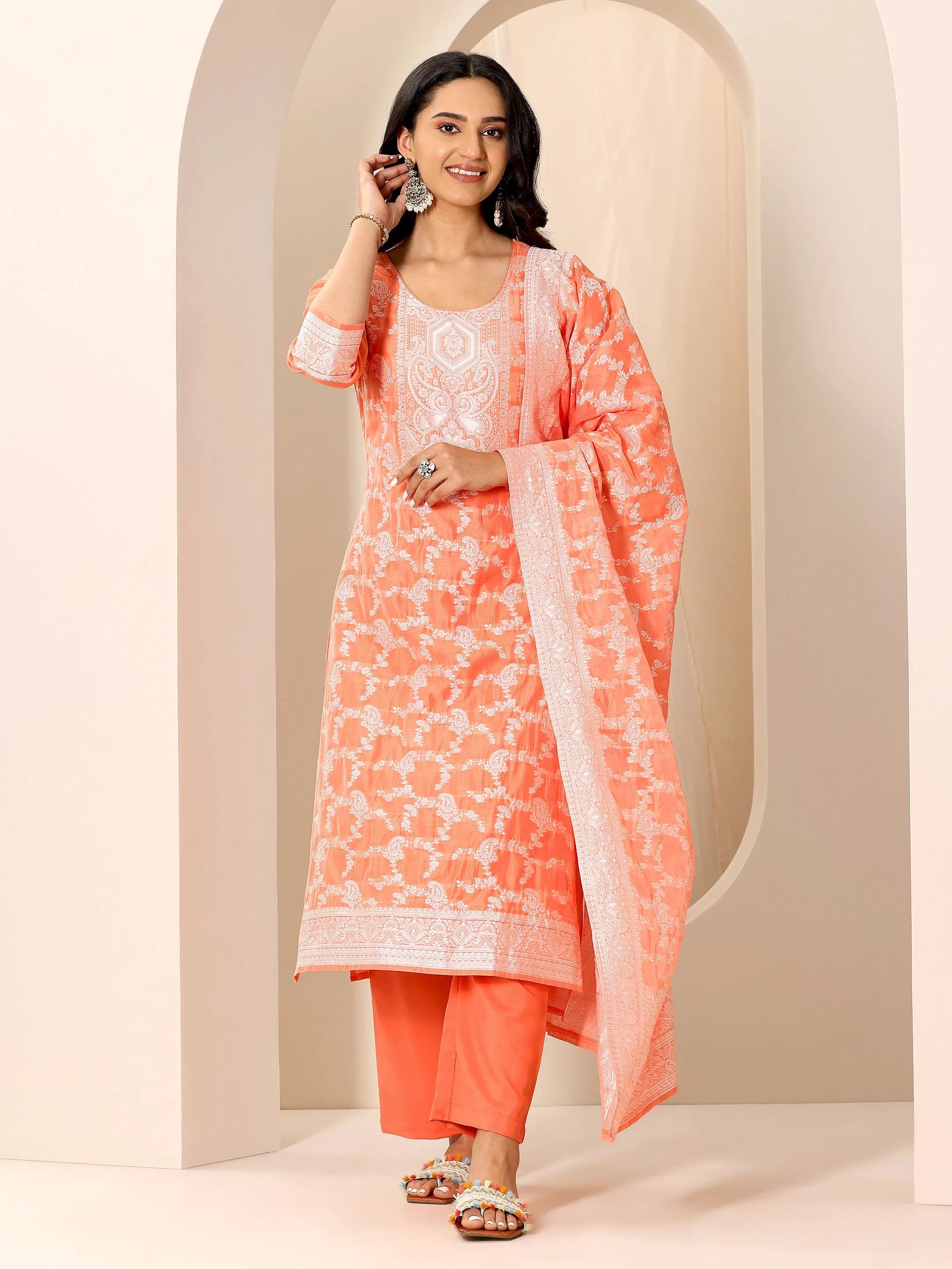 Orange Woven Design Chanderi Silk Straight Suit Set With Dupatta