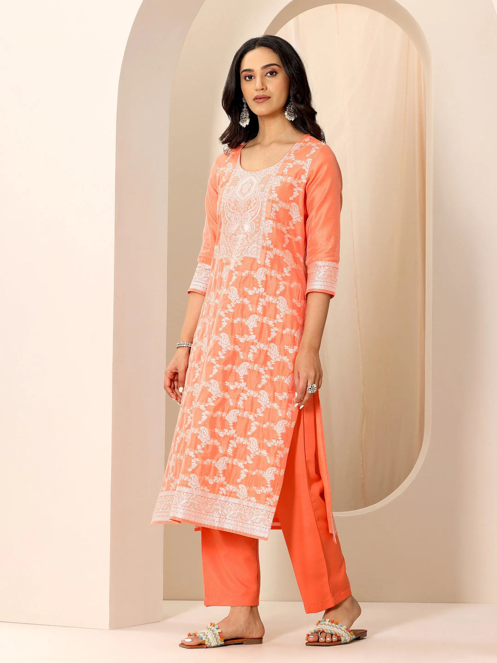 Orange Woven Design Chanderi Silk Straight Suit Set With Dupatta