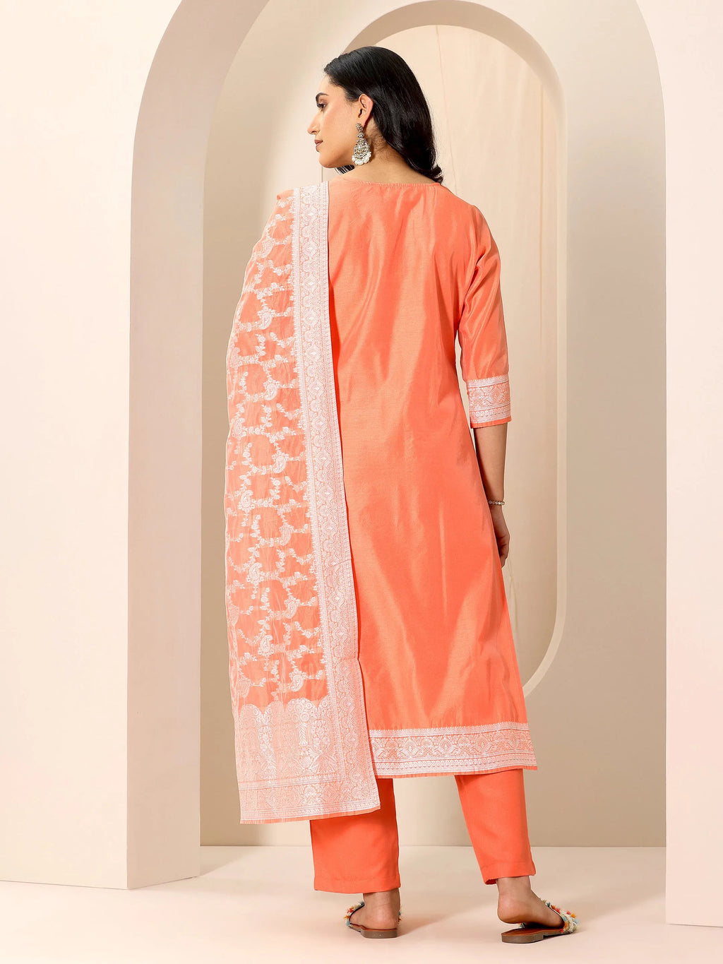 Orange Woven Design Chanderi Silk Straight Suit Set With Dupatta