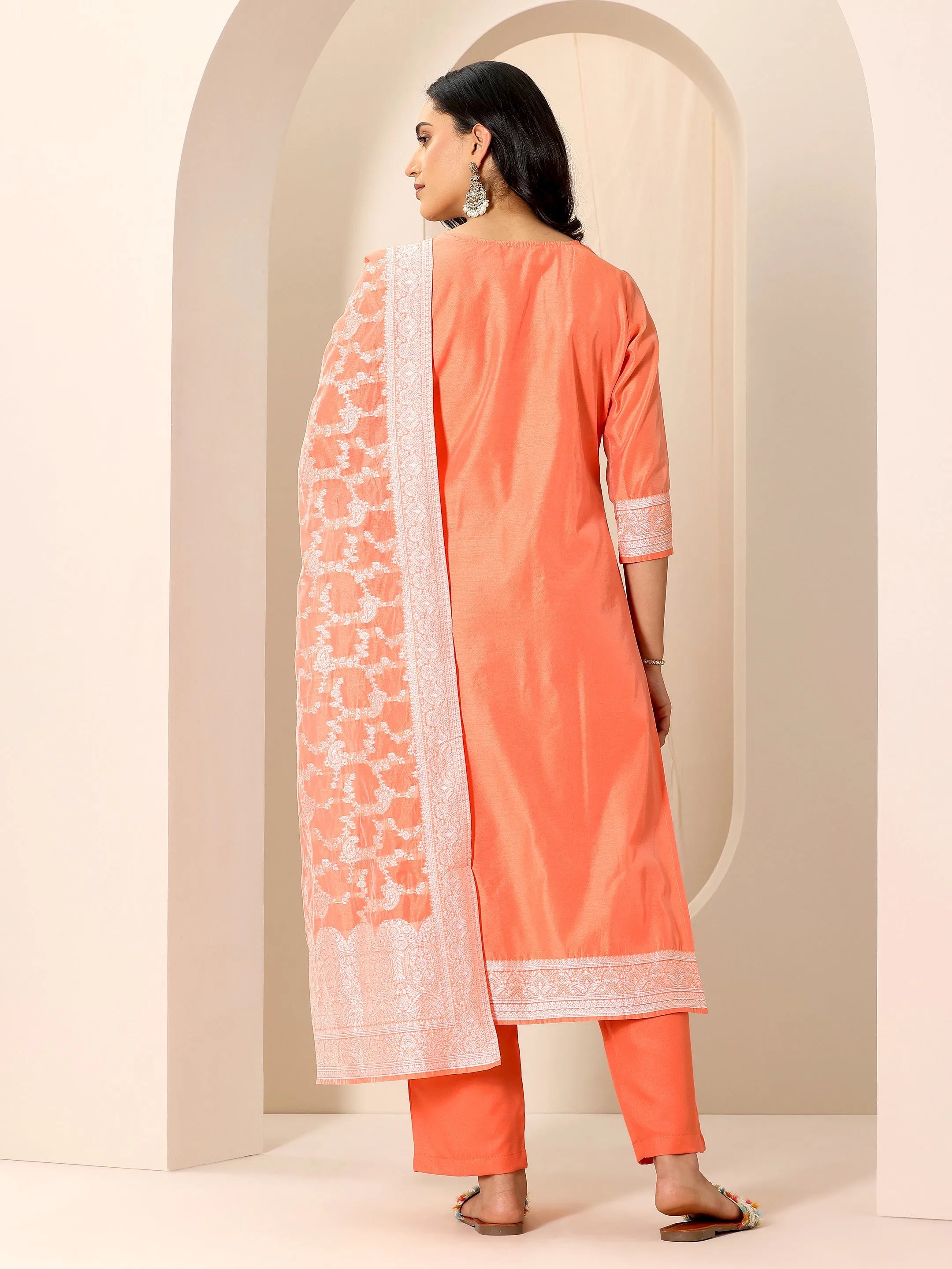 Orange Woven Design Chanderi Silk Straight Suit Set With Dupatta