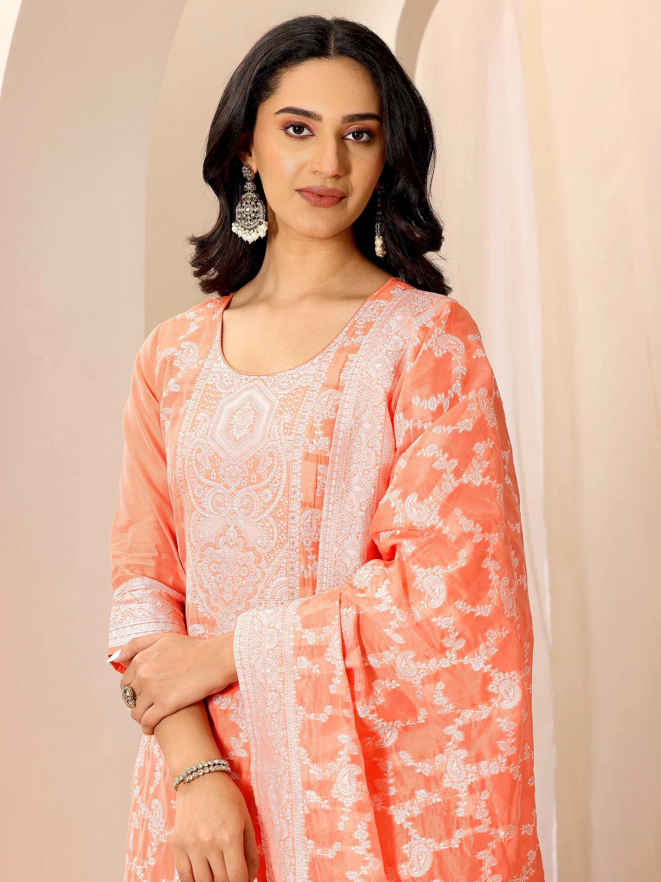 Orange Woven Design Chanderi Silk Straight Suit Set With Dupatta