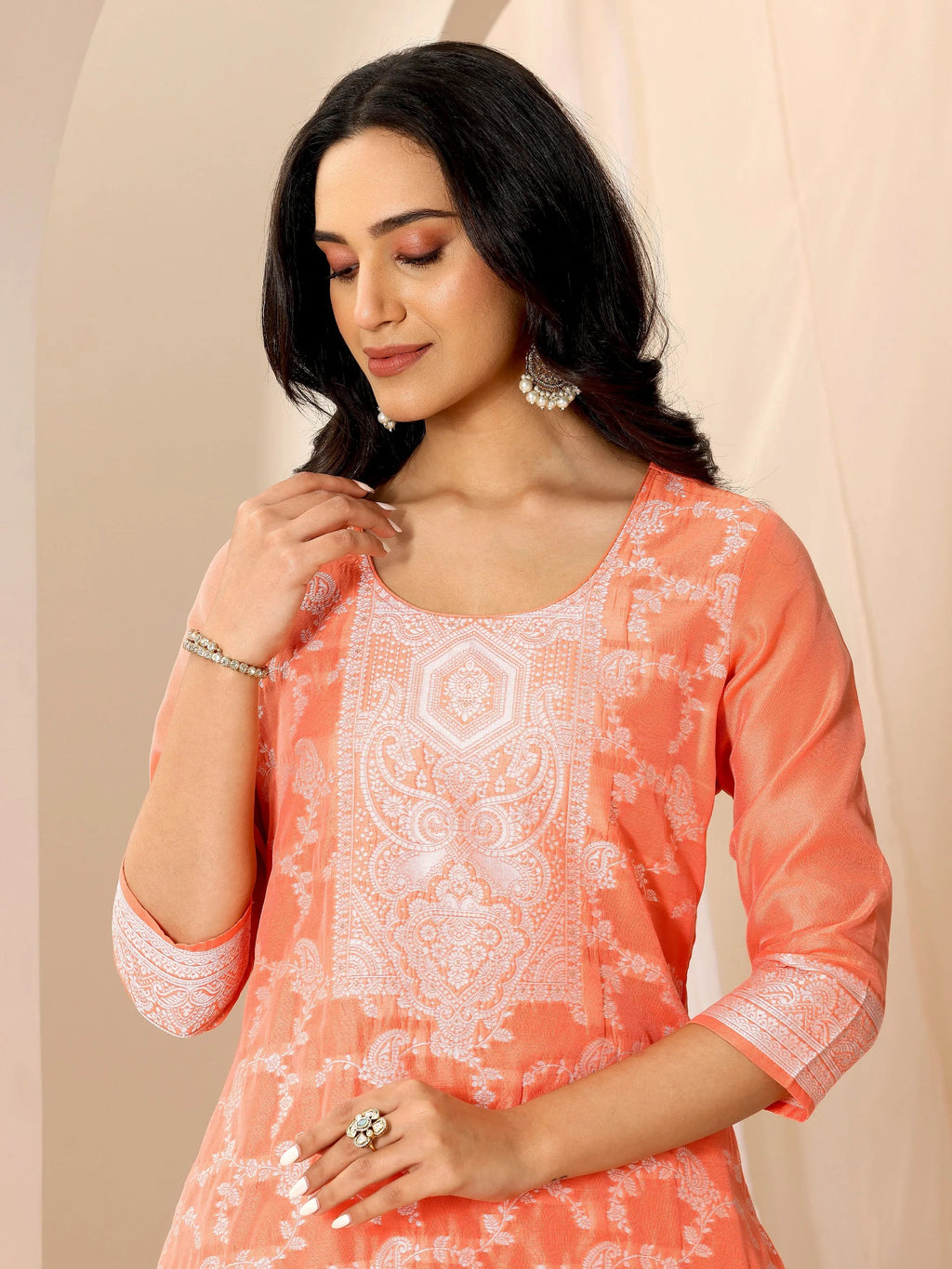 Orange Woven Design Chanderi Silk Straight Suit Set With Dupatta