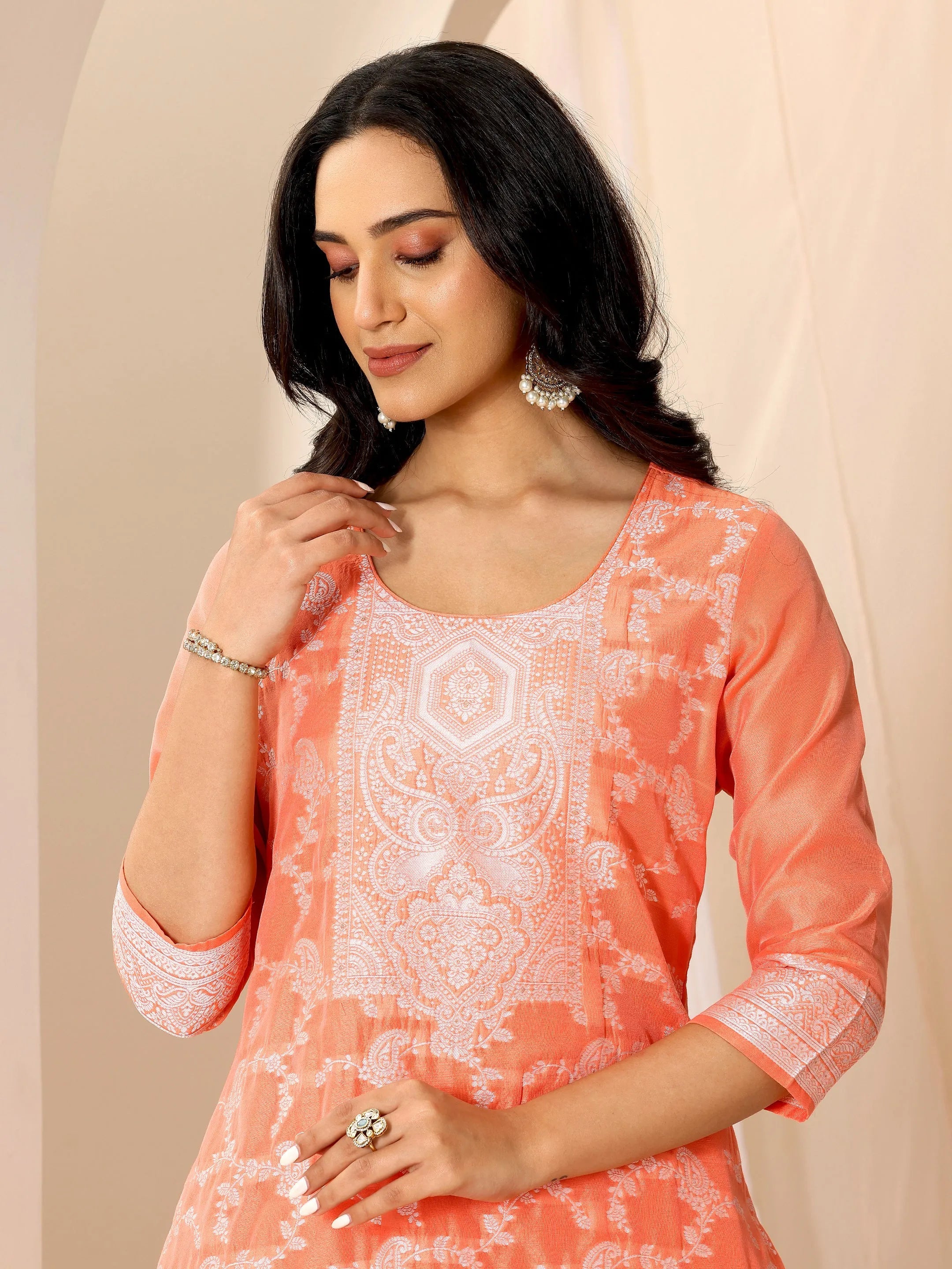 Orange Woven Design Chanderi Silk Straight Suit Set With Dupatta