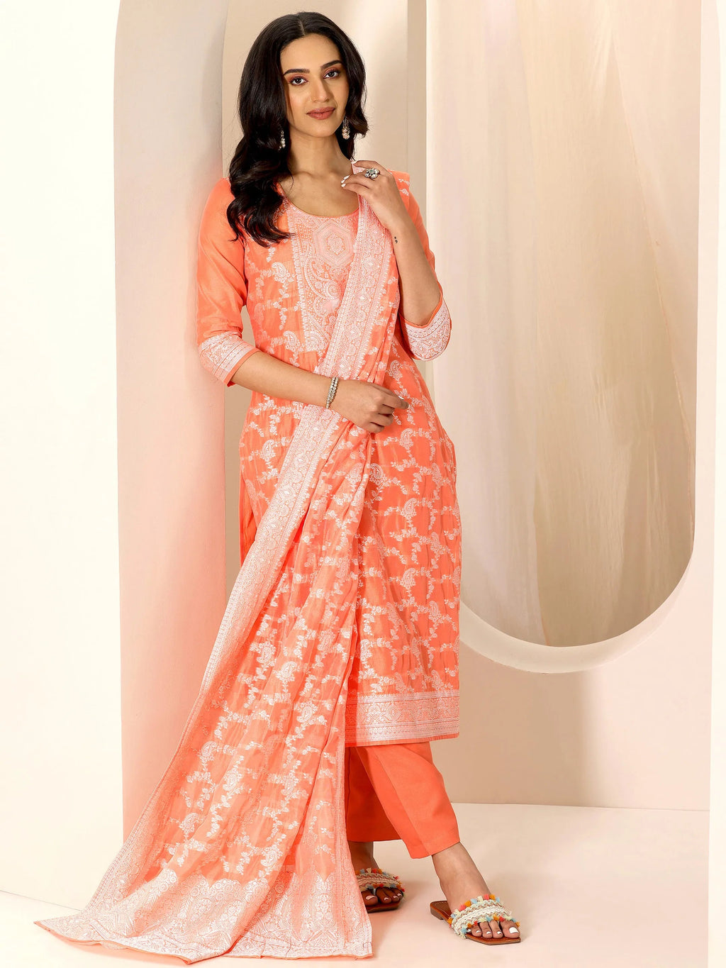Orange Woven Design Chanderi Silk Straight Suit Set With Dupatta