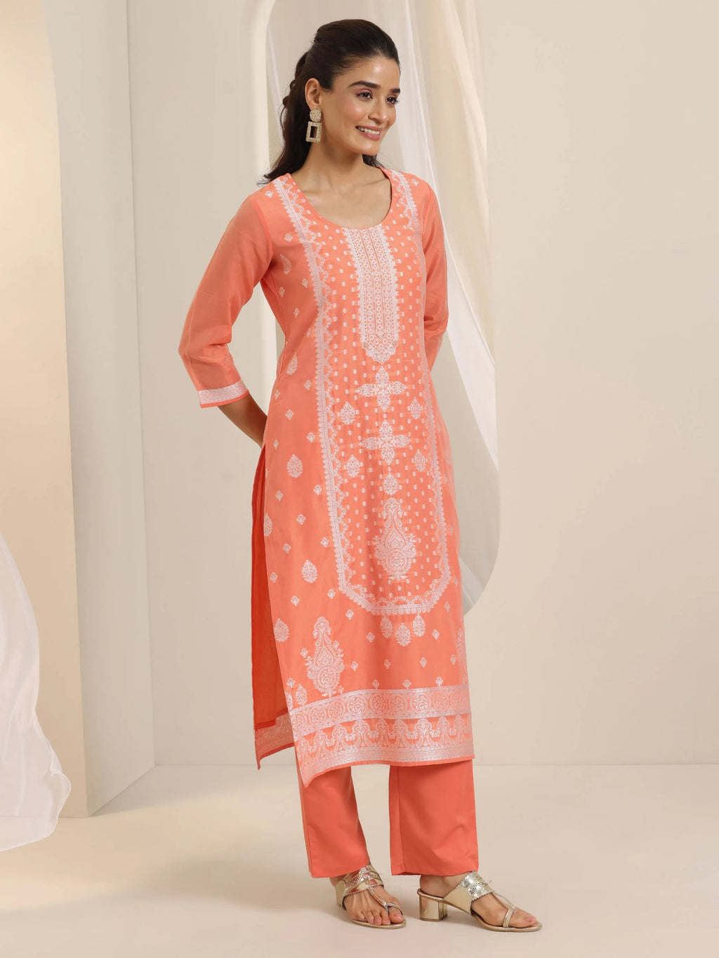 Orange Woven Design Chanderi Silk Straight Suit Set With Dupatta