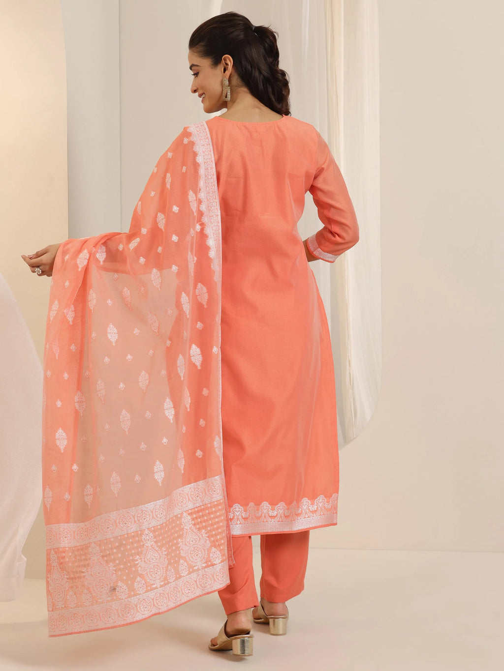 Orange Woven Design Chanderi Silk Straight Suit Set With Dupatta