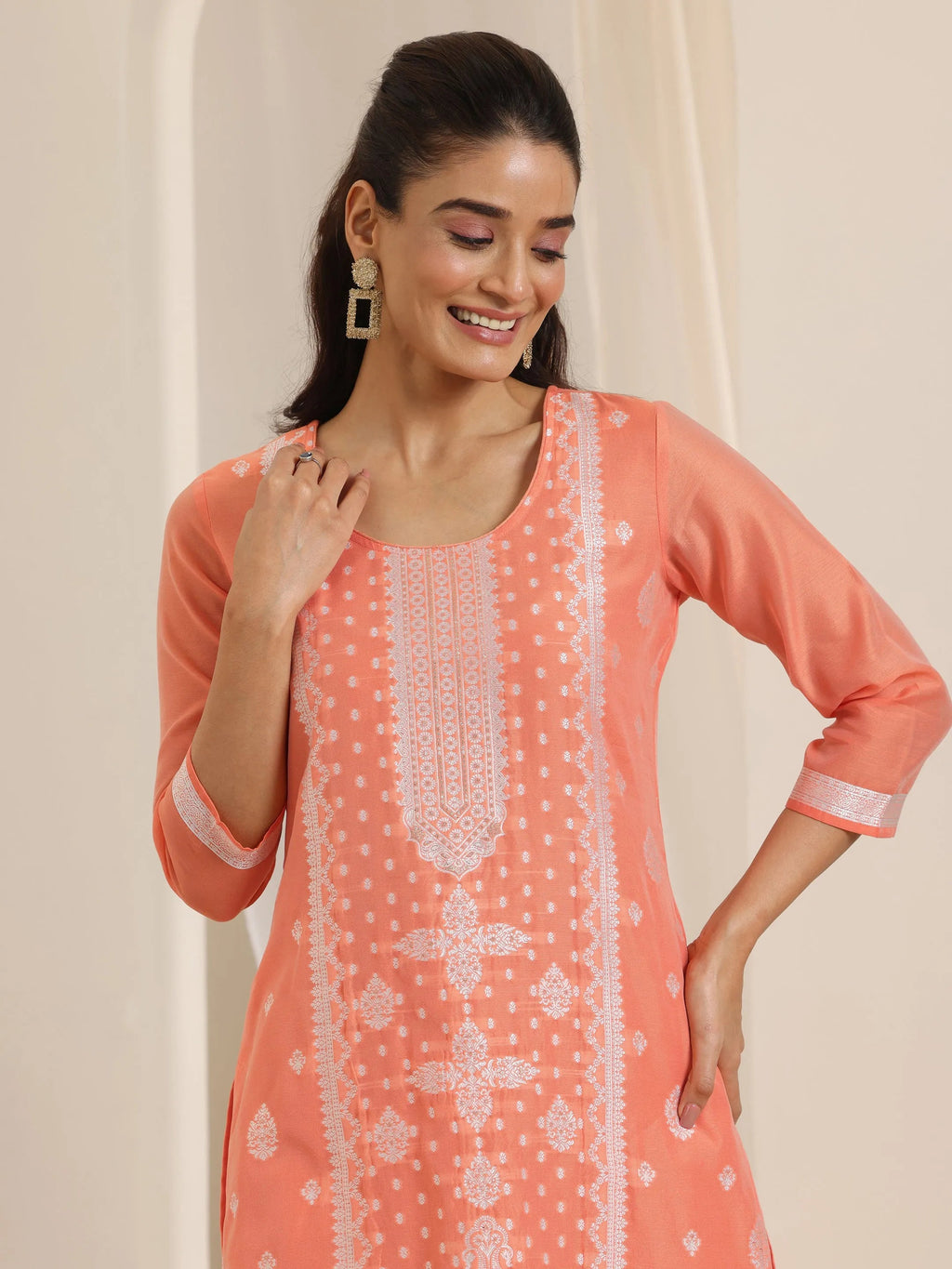 Orange Woven Design Chanderi Silk Straight Suit Set With Dupatta