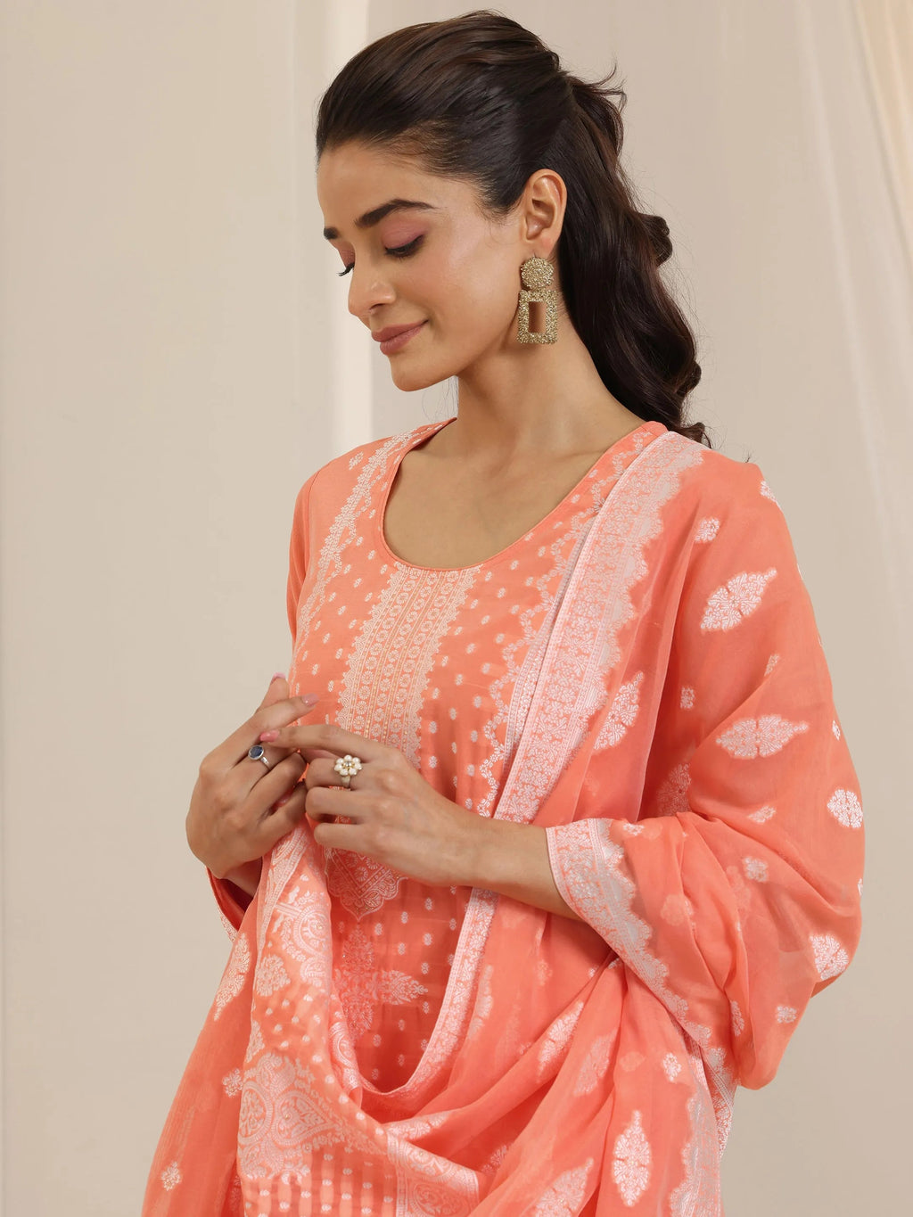 Orange Woven Design Chanderi Silk Straight Suit Set With Dupatta