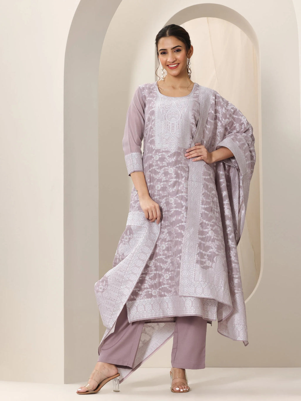 Mauve Woven Design Chanderi Silk Straight Suit Set With Dupatta