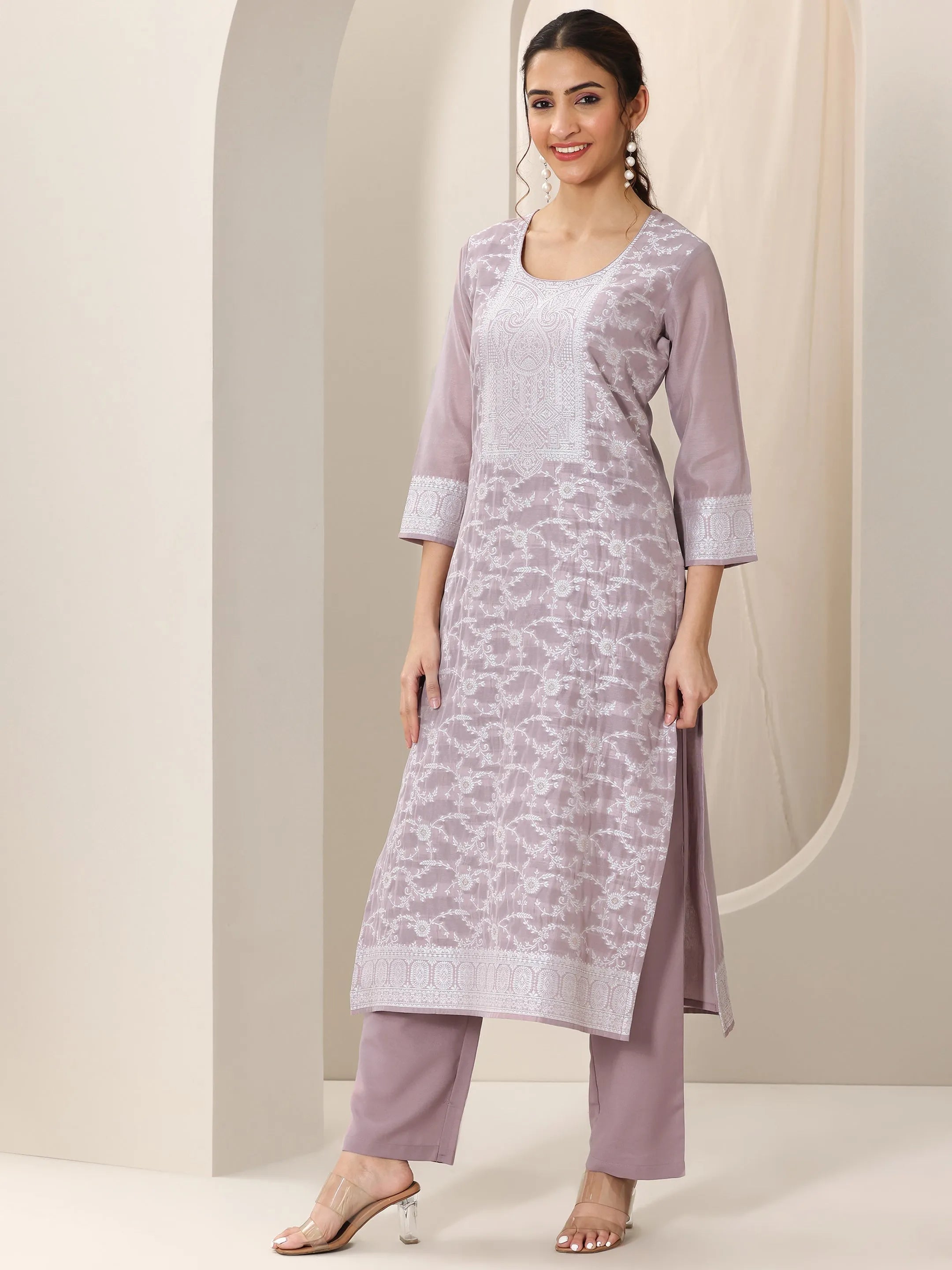 Mauve Woven Design Chanderi Silk Straight Suit Set With Dupatta
