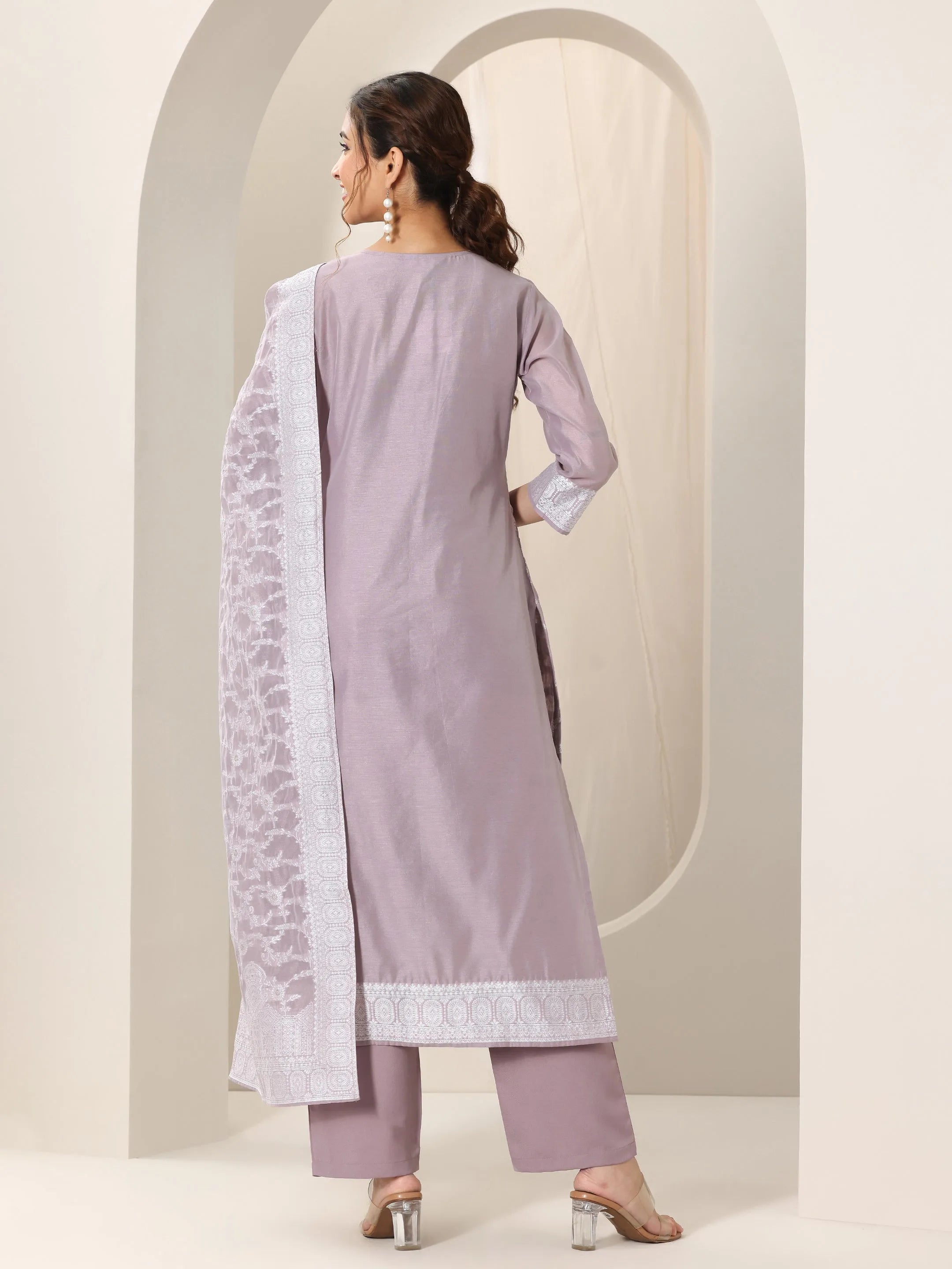 Mauve Woven Design Chanderi Silk Straight Suit Set With Dupatta