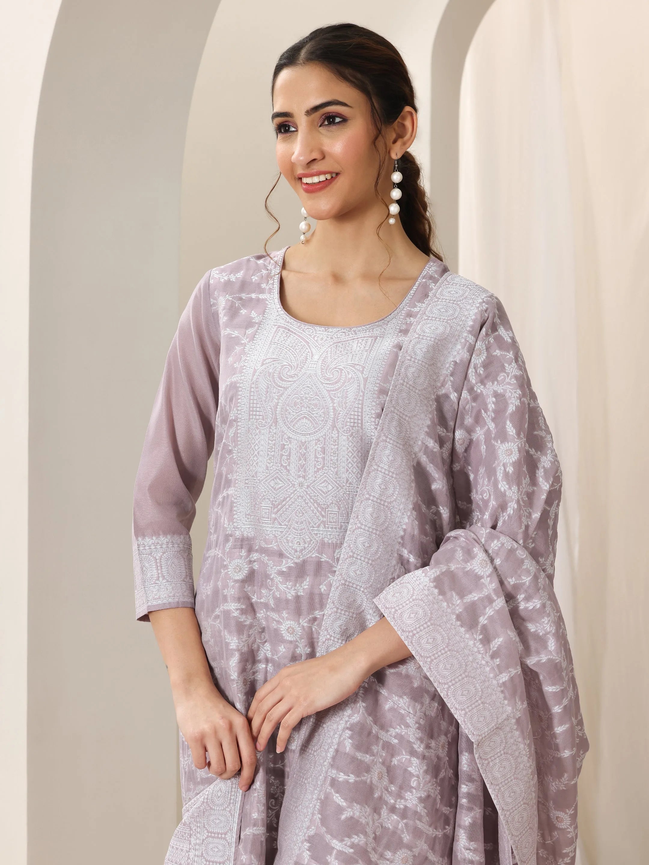 Mauve Woven Design Chanderi Silk Straight Suit Set With Dupatta