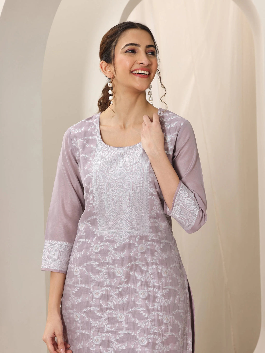 Mauve Woven Design Chanderi Silk Straight Suit Set With Dupatta