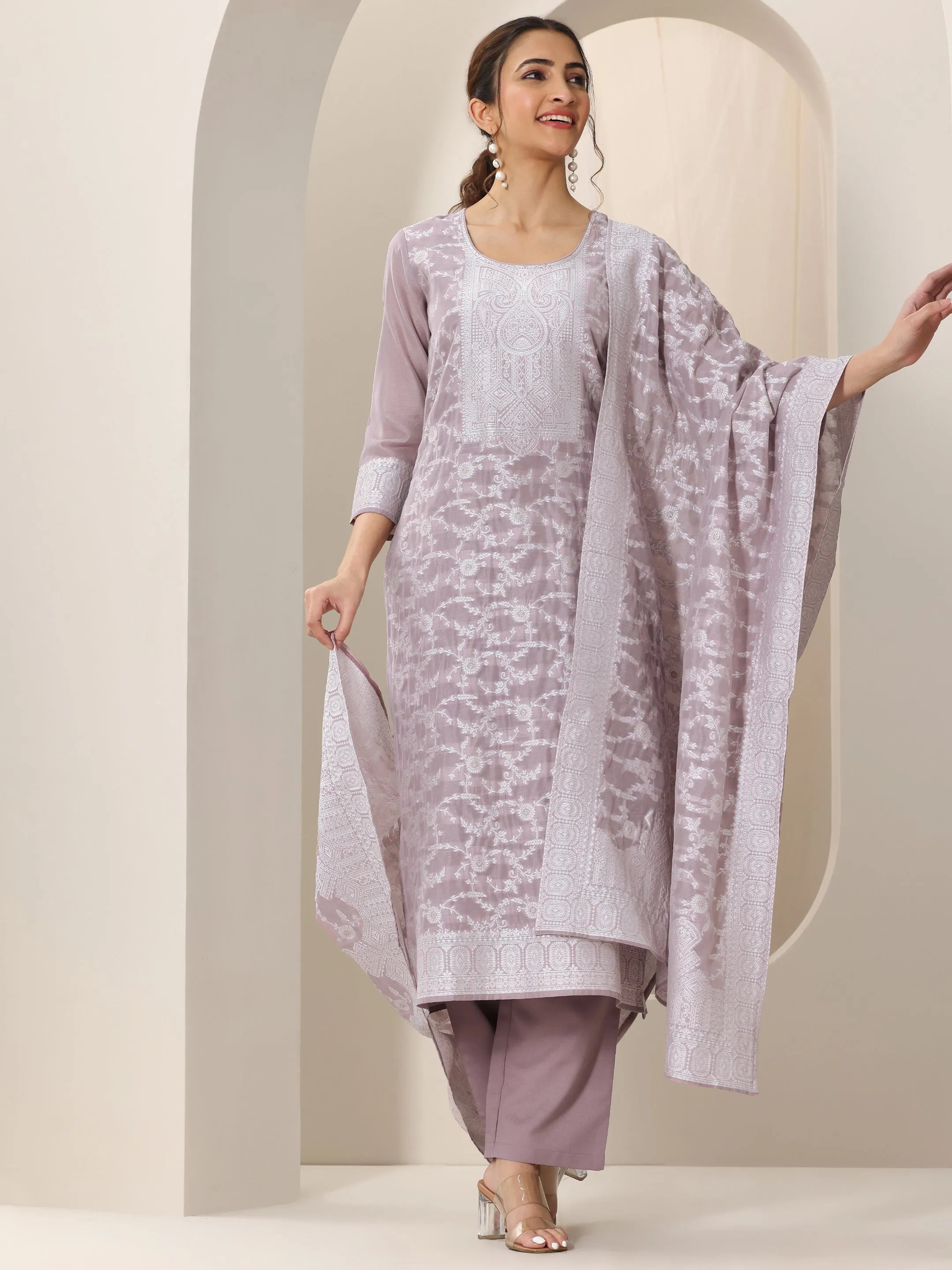 Mauve Woven Design Chanderi Silk Straight Suit Set With Dupatta
