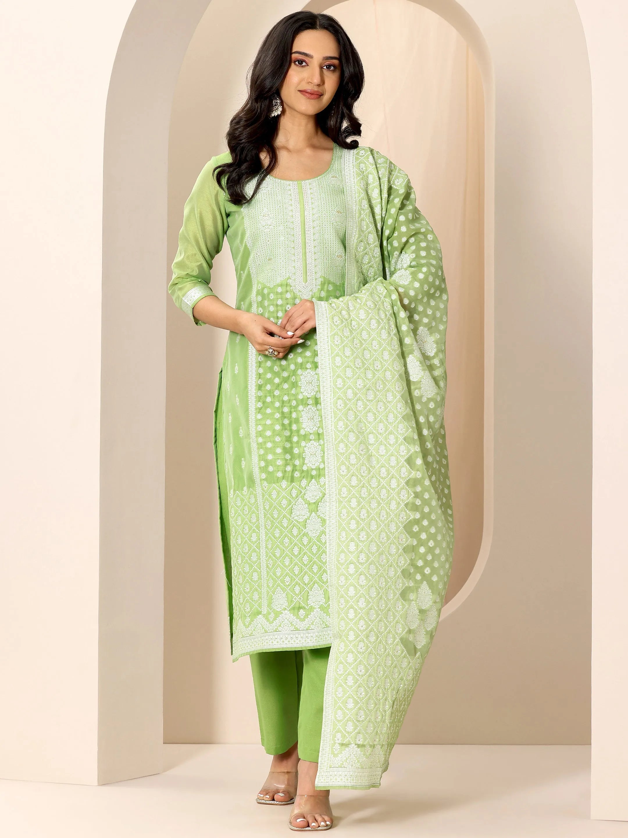 Green Woven Design Chanderi Silk Straight Suit Set With Dupatta