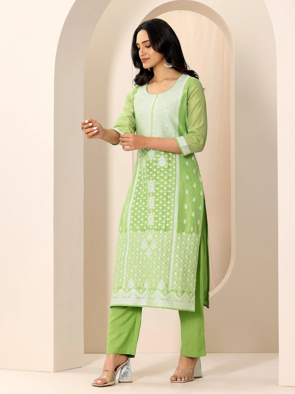 Green Woven Design Chanderi Silk Straight Suit Set With Dupatta