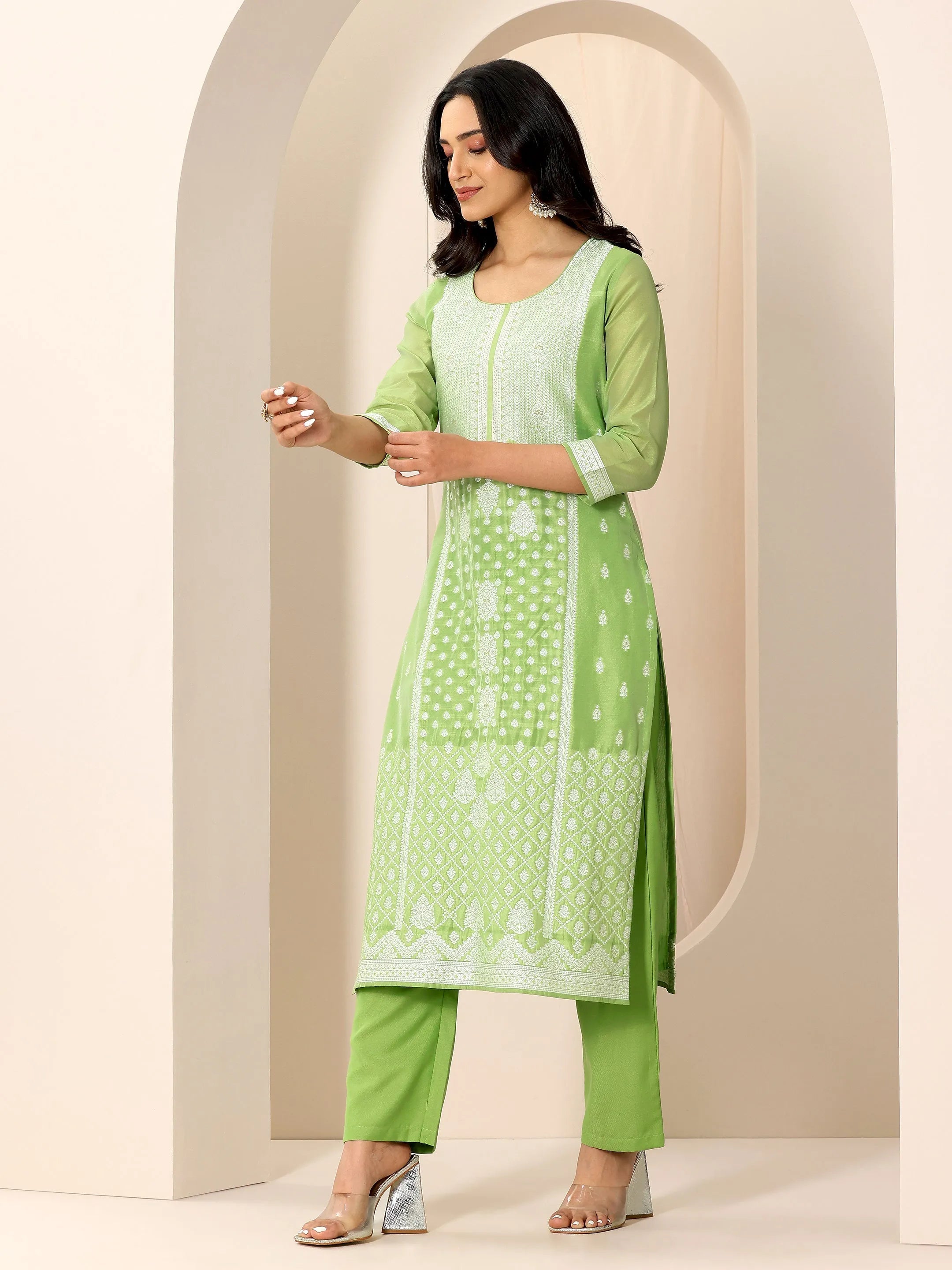 Green Woven Design Chanderi Silk Straight Suit Set With Dupatta