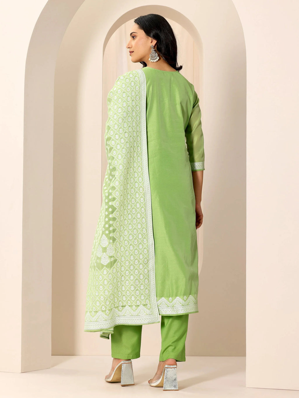 Green Woven Design Chanderi Silk Straight Suit Set With Dupatta