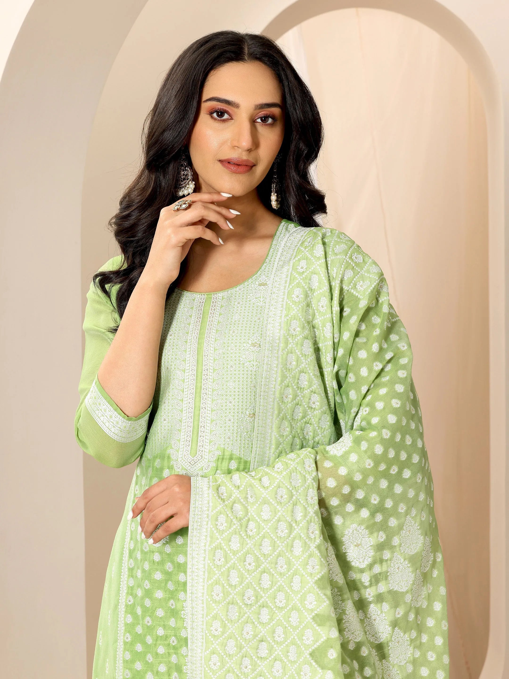 Green Woven Design Chanderi Silk Straight Suit Set With Dupatta