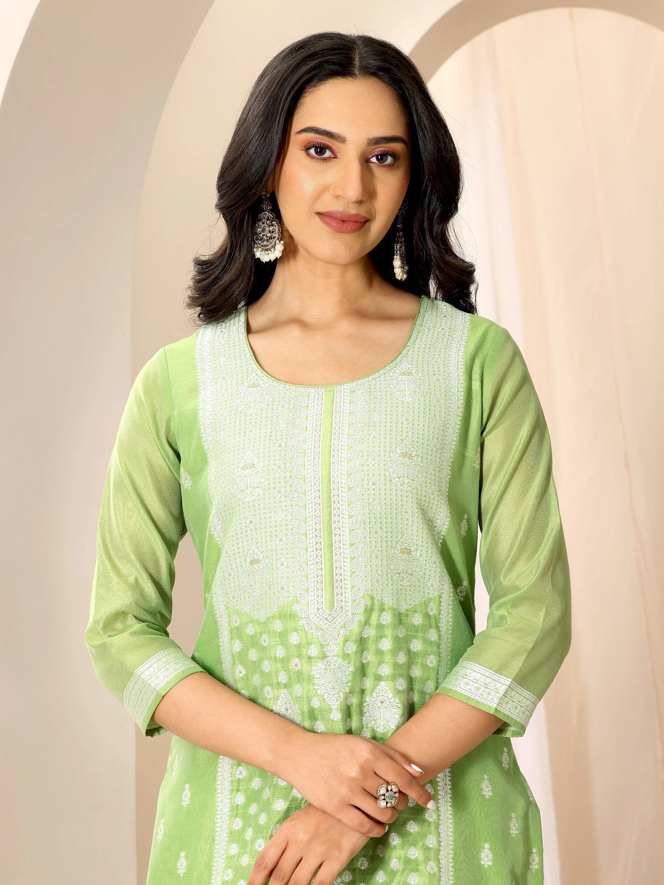 Green Woven Design Chanderi Silk Straight Suit Set With Dupatta