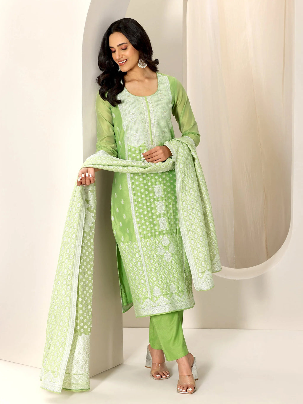 Green Woven Design Chanderi Silk Straight Suit Set With Dupatta