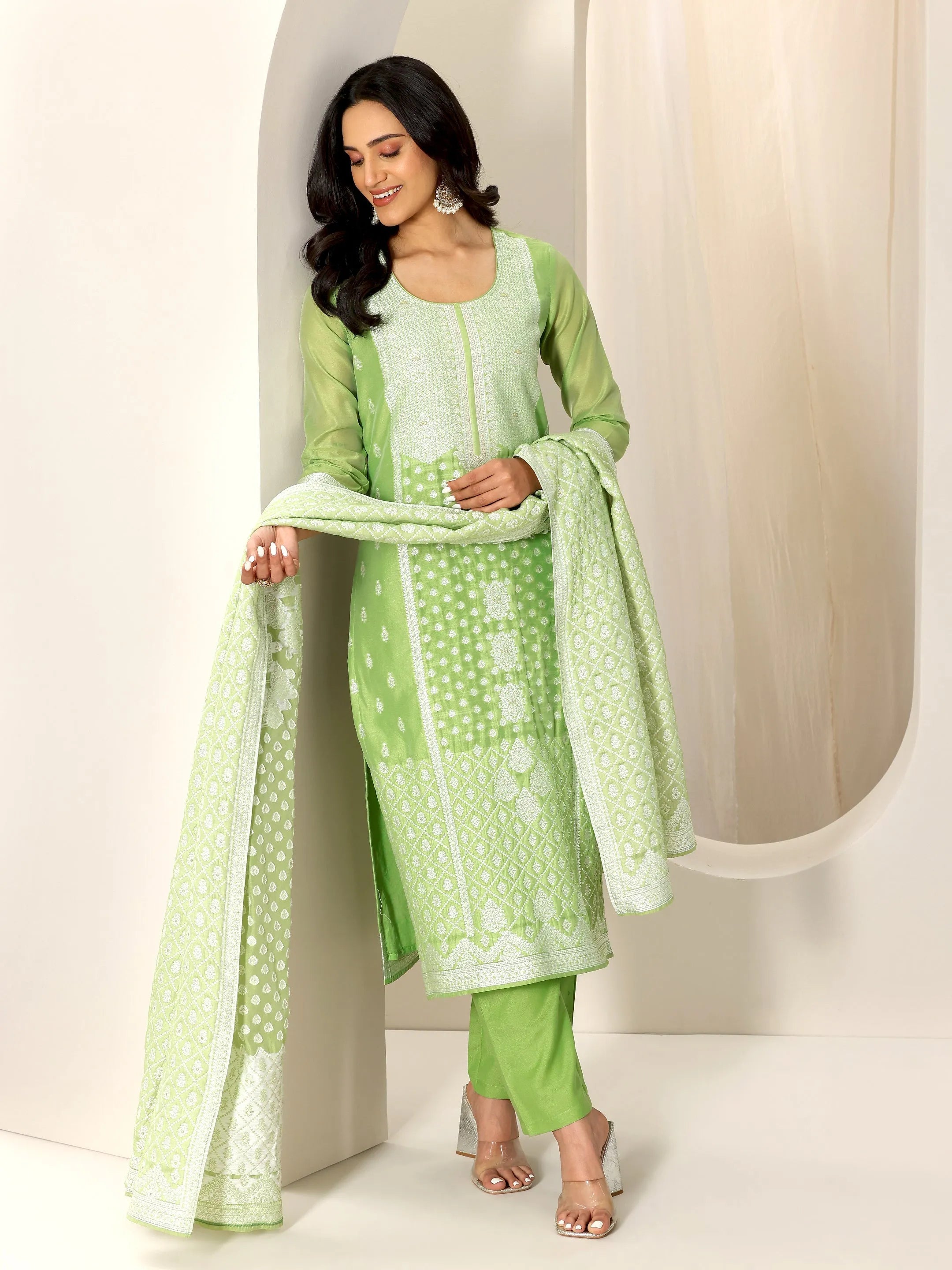 Green Woven Design Chanderi Silk Straight Suit Set With Dupatta