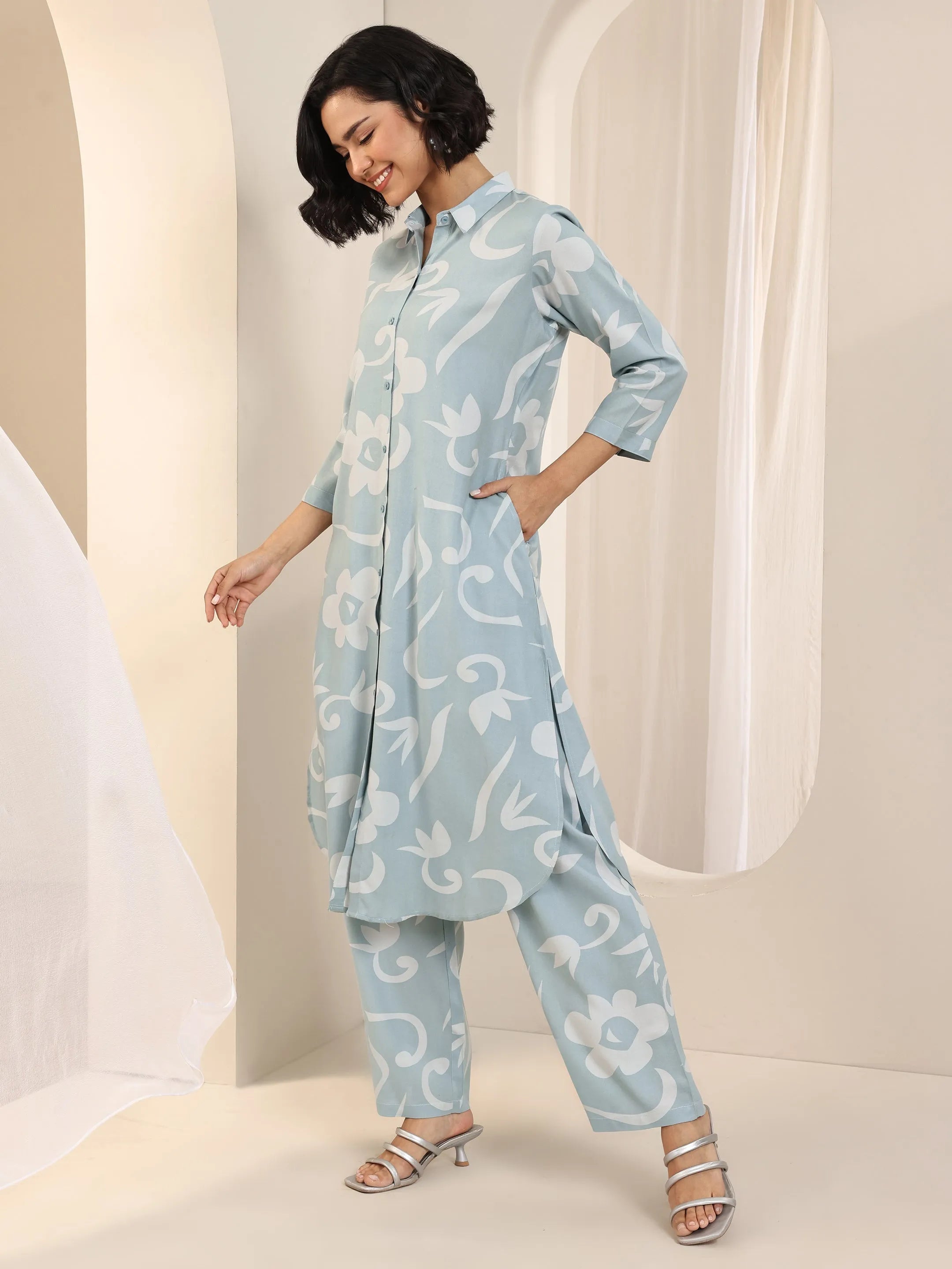 Blue Printed Rayon Straight Kurta Set