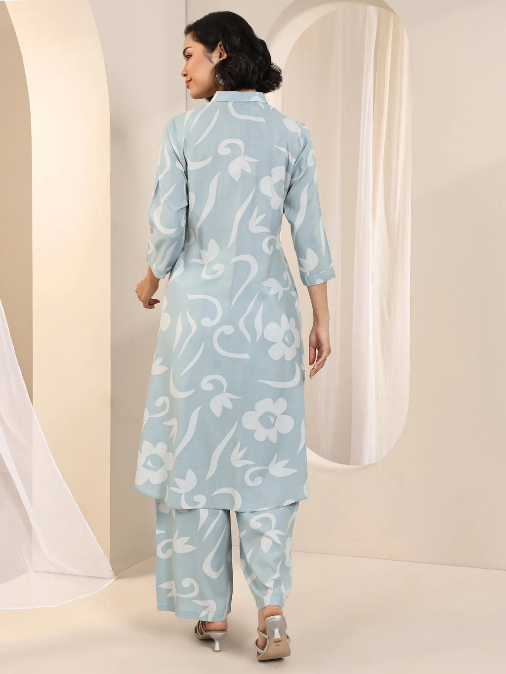 Blue Printed Rayon Straight Kurta Set