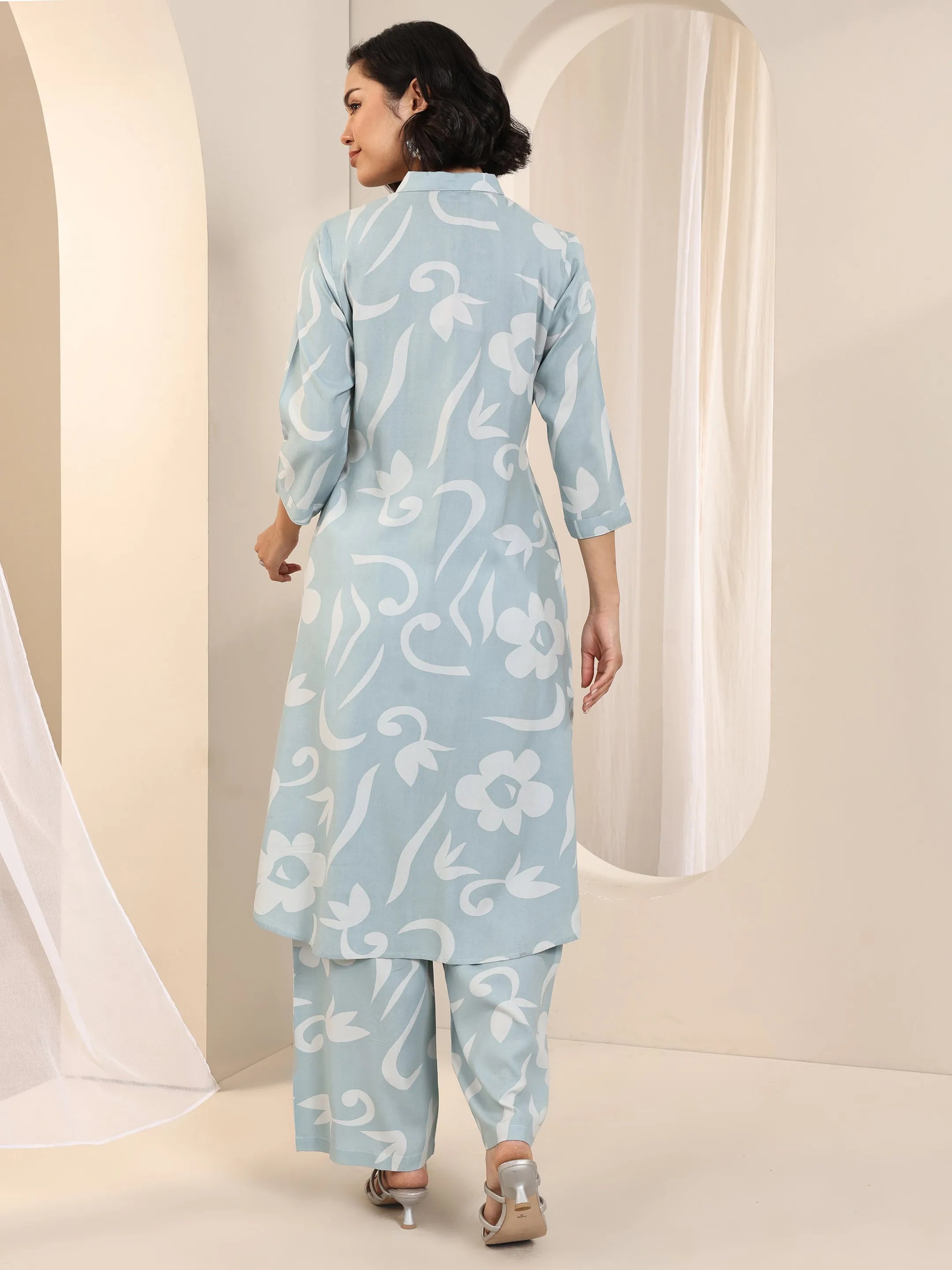 Blue Printed Rayon Straight Kurta Set