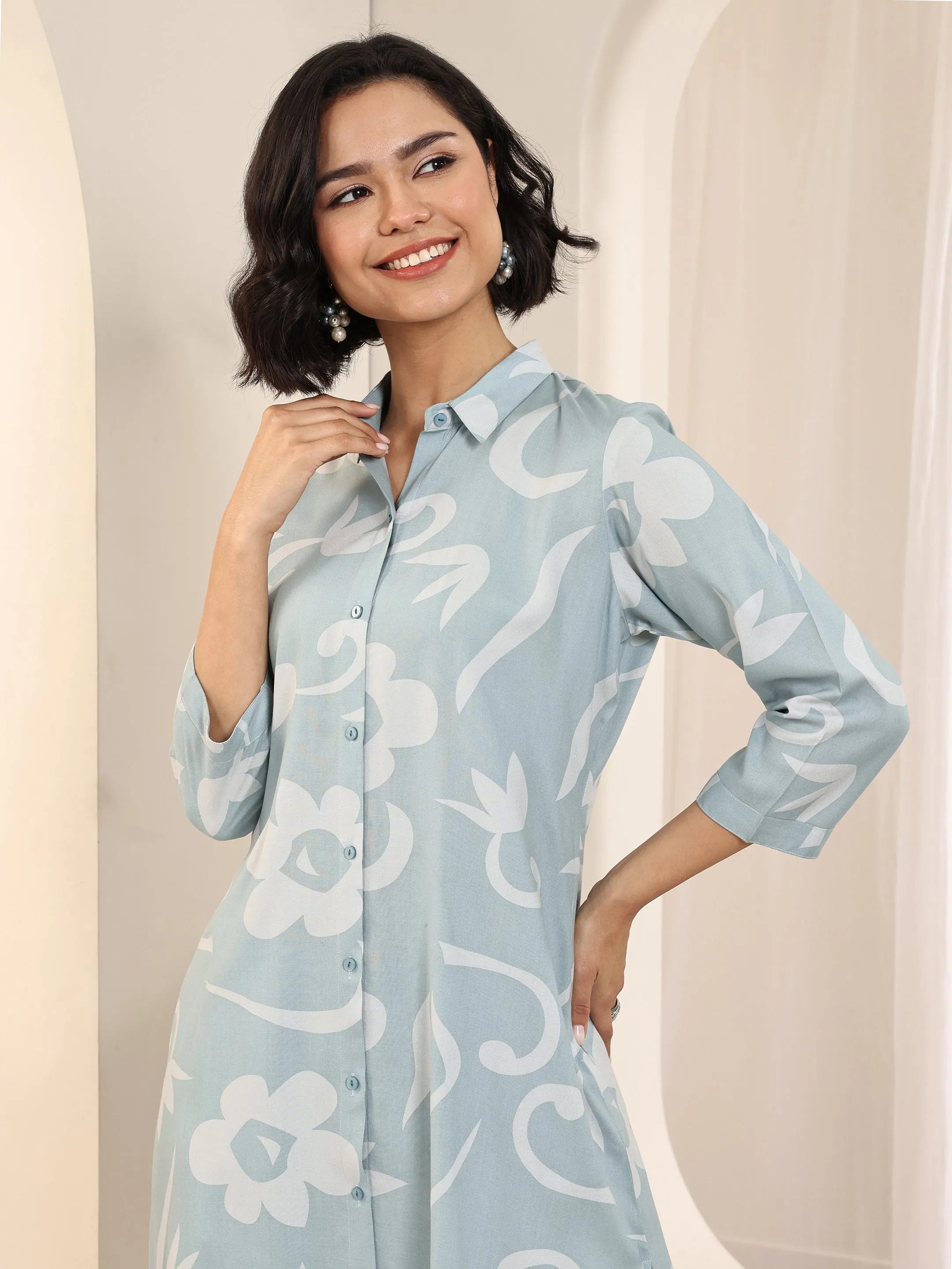 Blue Printed Rayon Straight Kurta Set