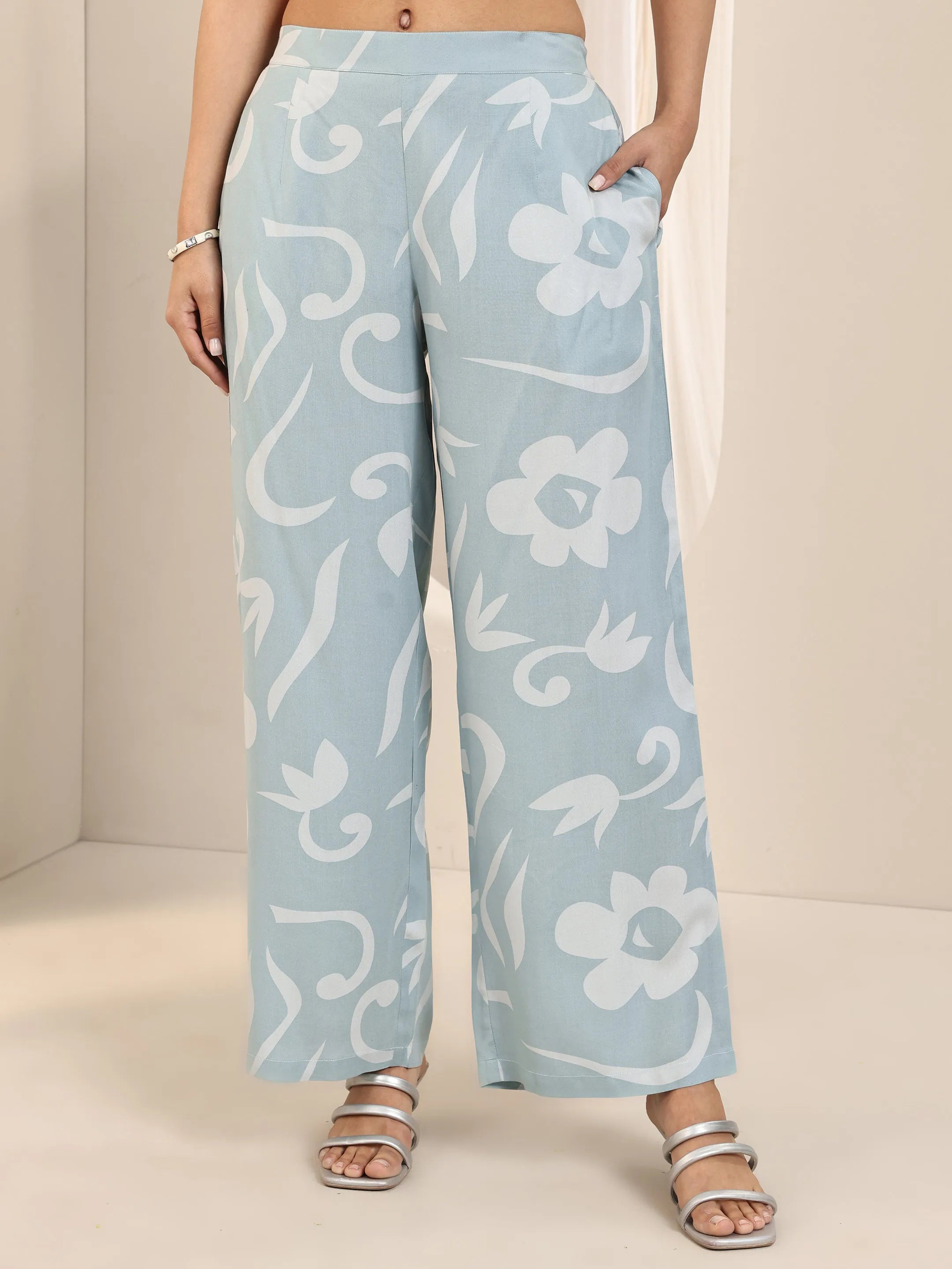 Blue Printed Rayon Straight Kurta Set