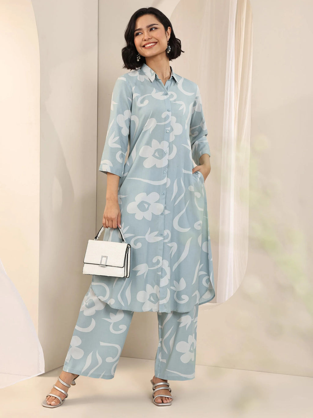 Blue Printed Rayon Straight Kurta Set