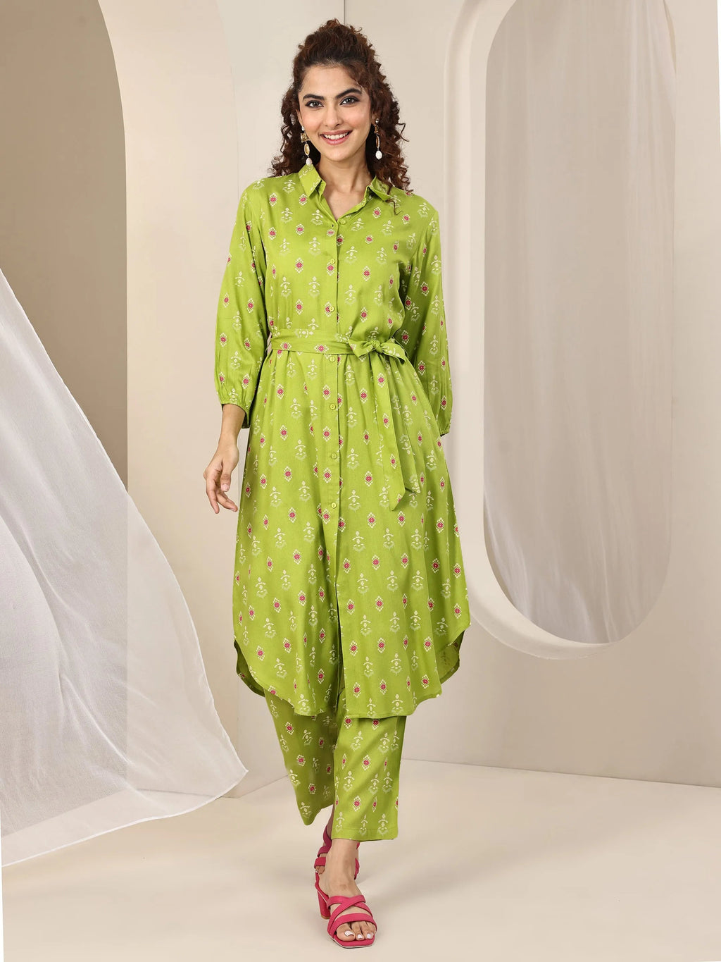 Green Printed Rayon Straight Kurta Set