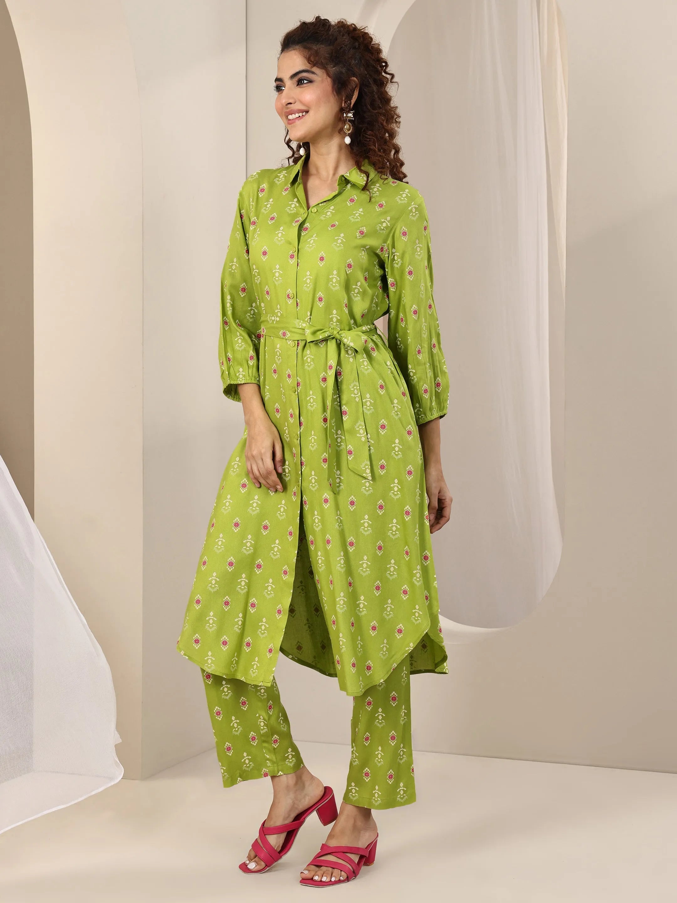 Green Printed Rayon Straight Kurta Set