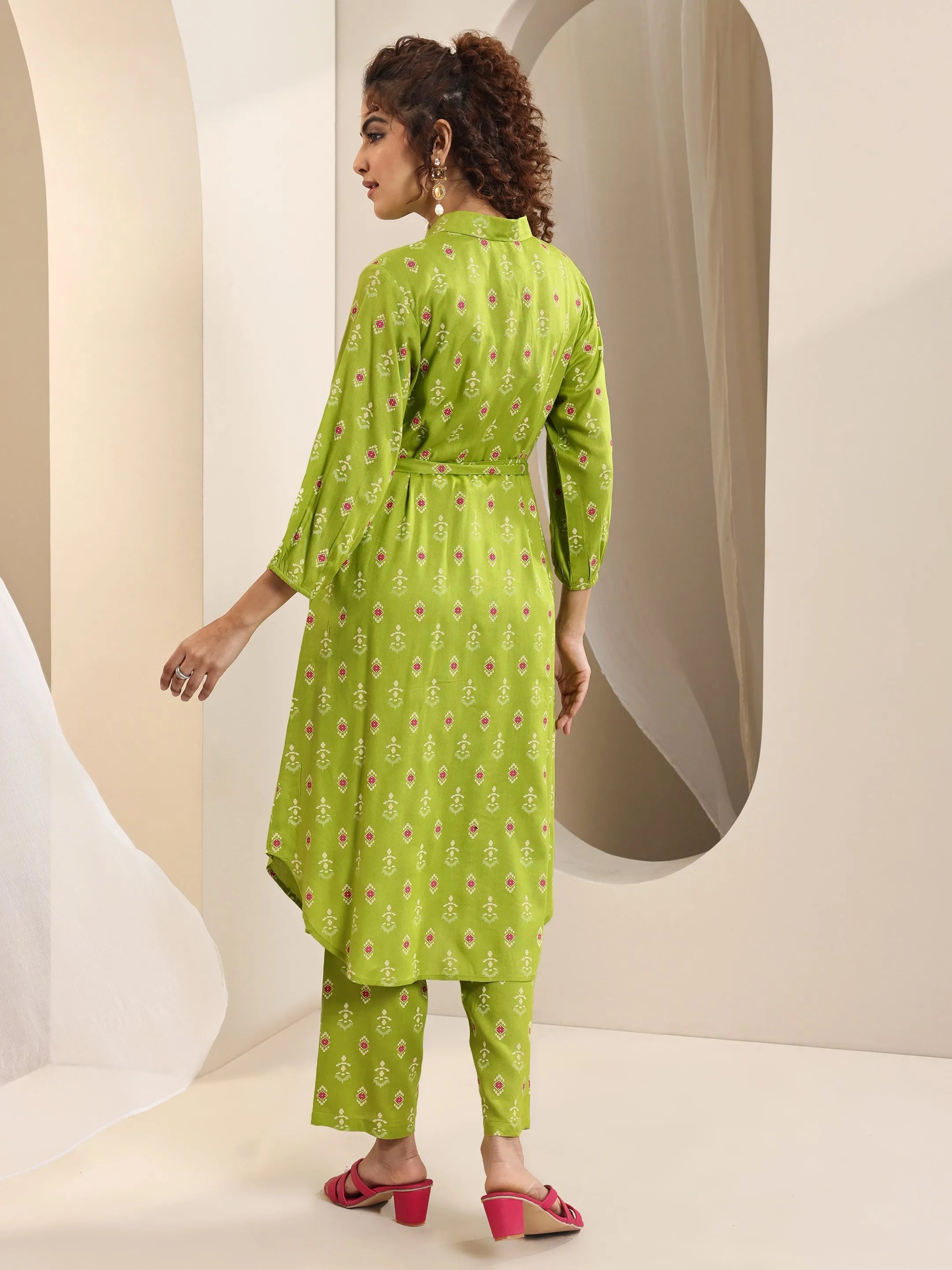 Green Printed Rayon Straight Kurta Set